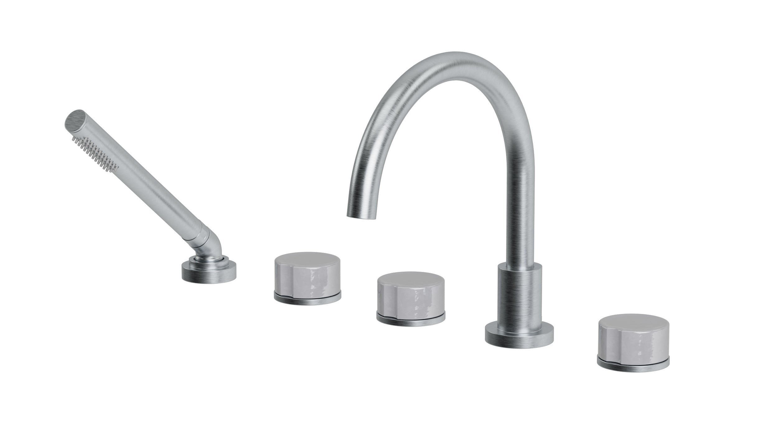 Foundry Three Handle Deck Mount Gooseneck Bath Trim with Hand Shower and Groove Ceramic Knob Handles in Satin Chrome