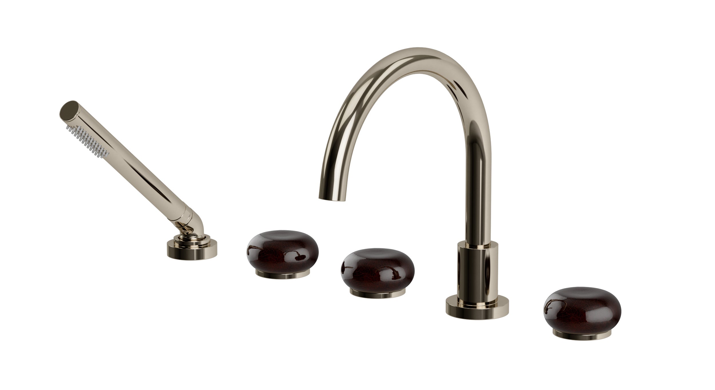 Foundry Three Handle Deck Mount Gooseneck Bath Trim with Hand Shower and Pebble Ceramic Knob Handles in Polished Nickel