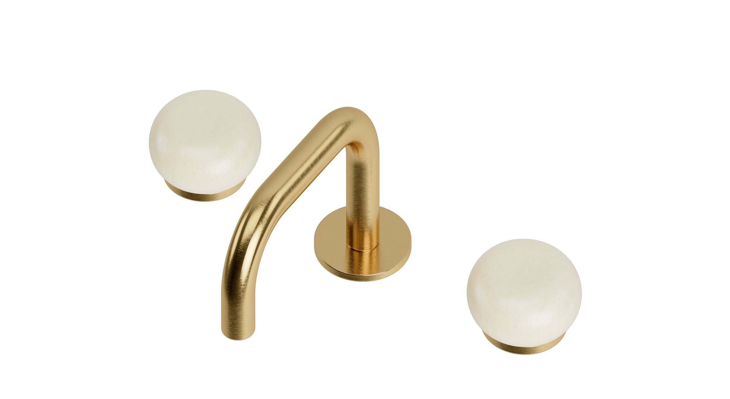 Foundry Two Handle Deck Mount Squaretop Lavatory Faucet with Pebble Ceramic Knob Handles in Satin Brass