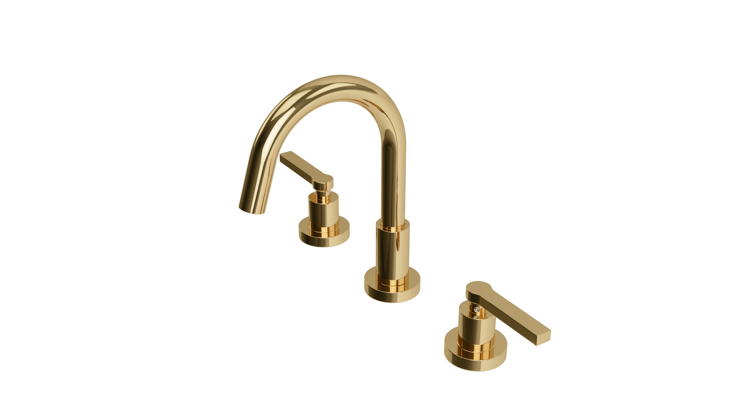 Flatiron Two Handle Deck Mount Short Gooseneck Lavatory Faucet with Linear Lever Handles in Polished Brass
