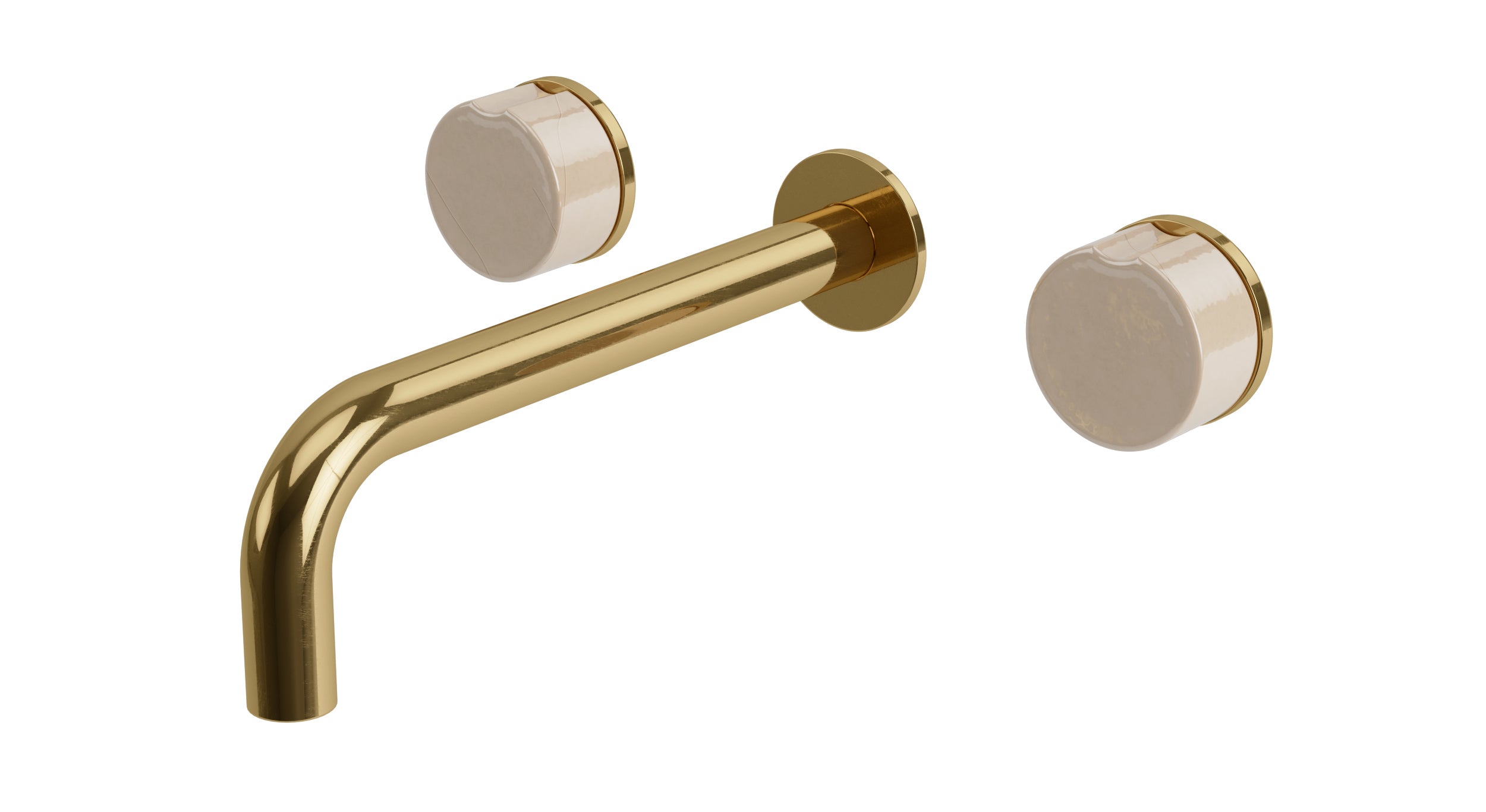 Foundry Two Handle Wall Mount 7.5" Lavatory Faucet with Groove Ceramic Knob Handles in Uncoated Polished Brass
