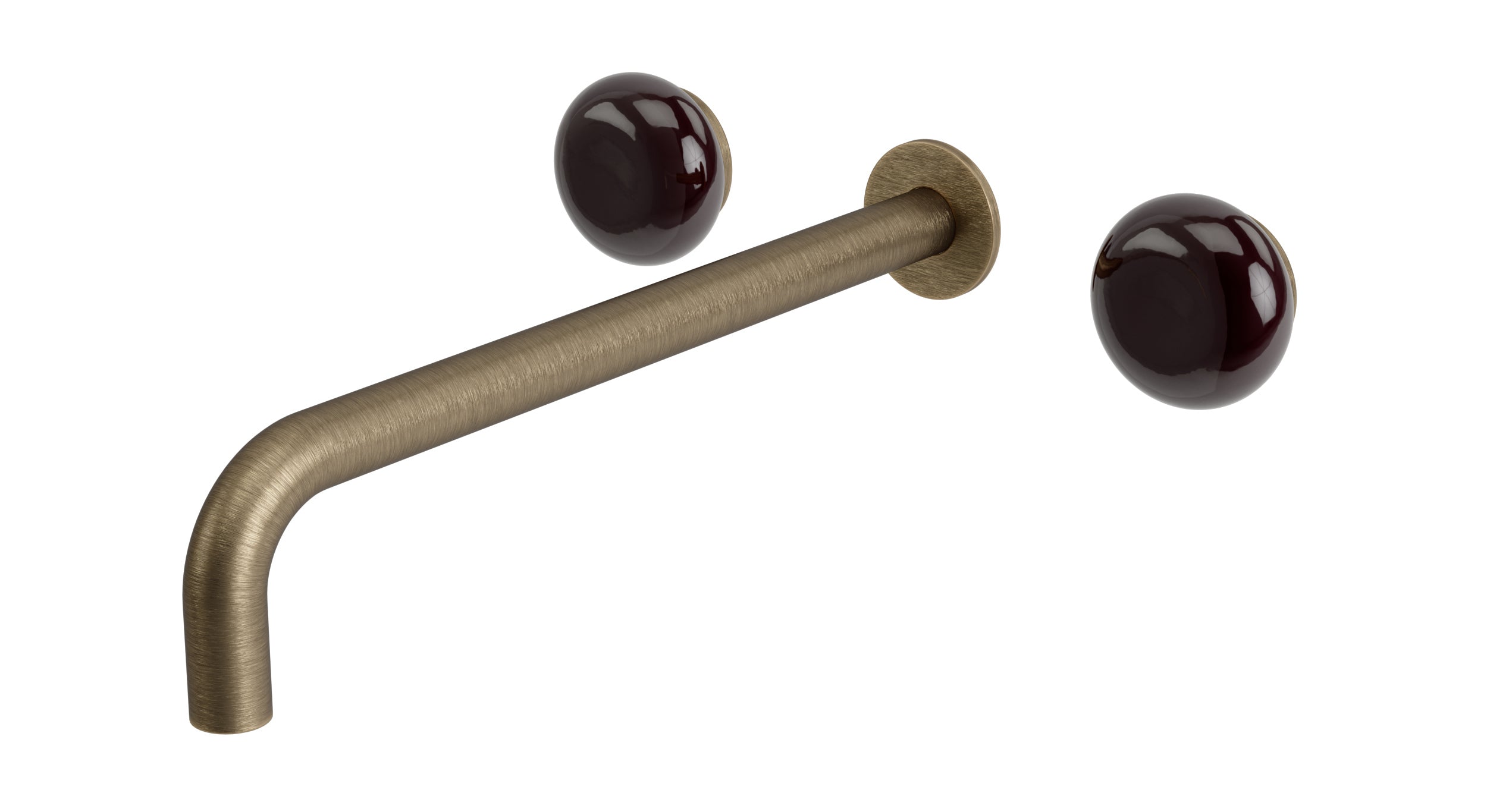 Foundry Two Handle Wall Mount 12" Lavatory Faucet with Pebble Ceramic Knob Handles in Antique Brass