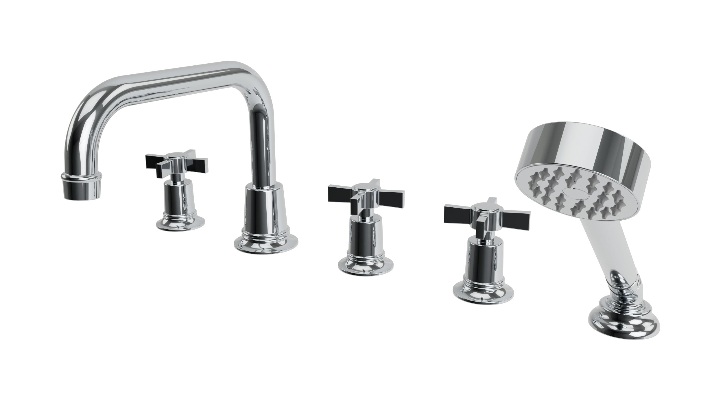 Emerson Three Handle Deck Mount Squaretop Bath Trim with Hand Shower and Defined Cross Handles