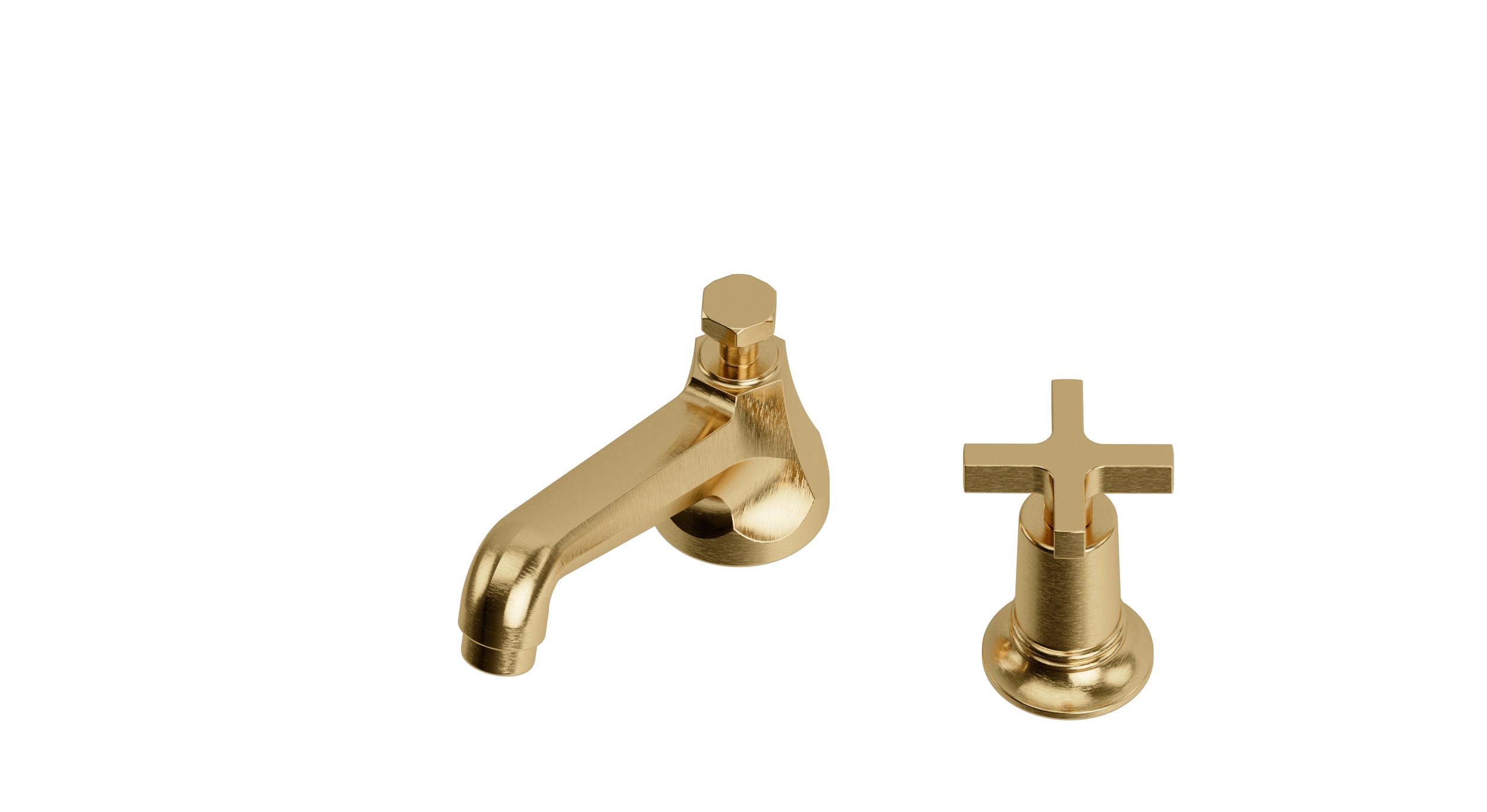 Emerson One Handle Deck Mount Low Hexagon Lavatory Faucet with Classic Cross Handle in Satin Brass