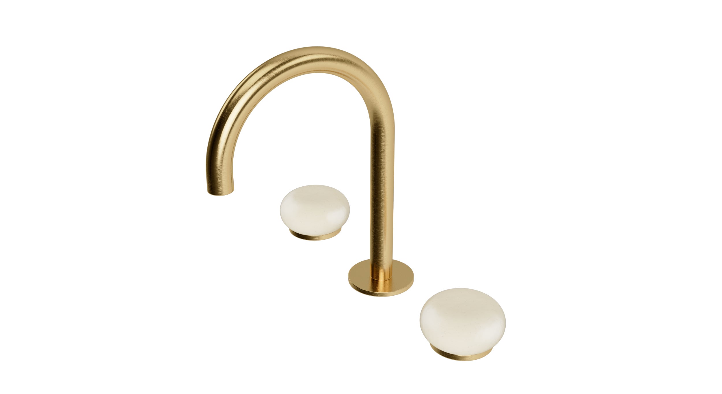 Foundry Two Handle Deck Mount Gooseneck Lavatory Faucet with Pebble Ceramic Knob Handles in Satin Brass