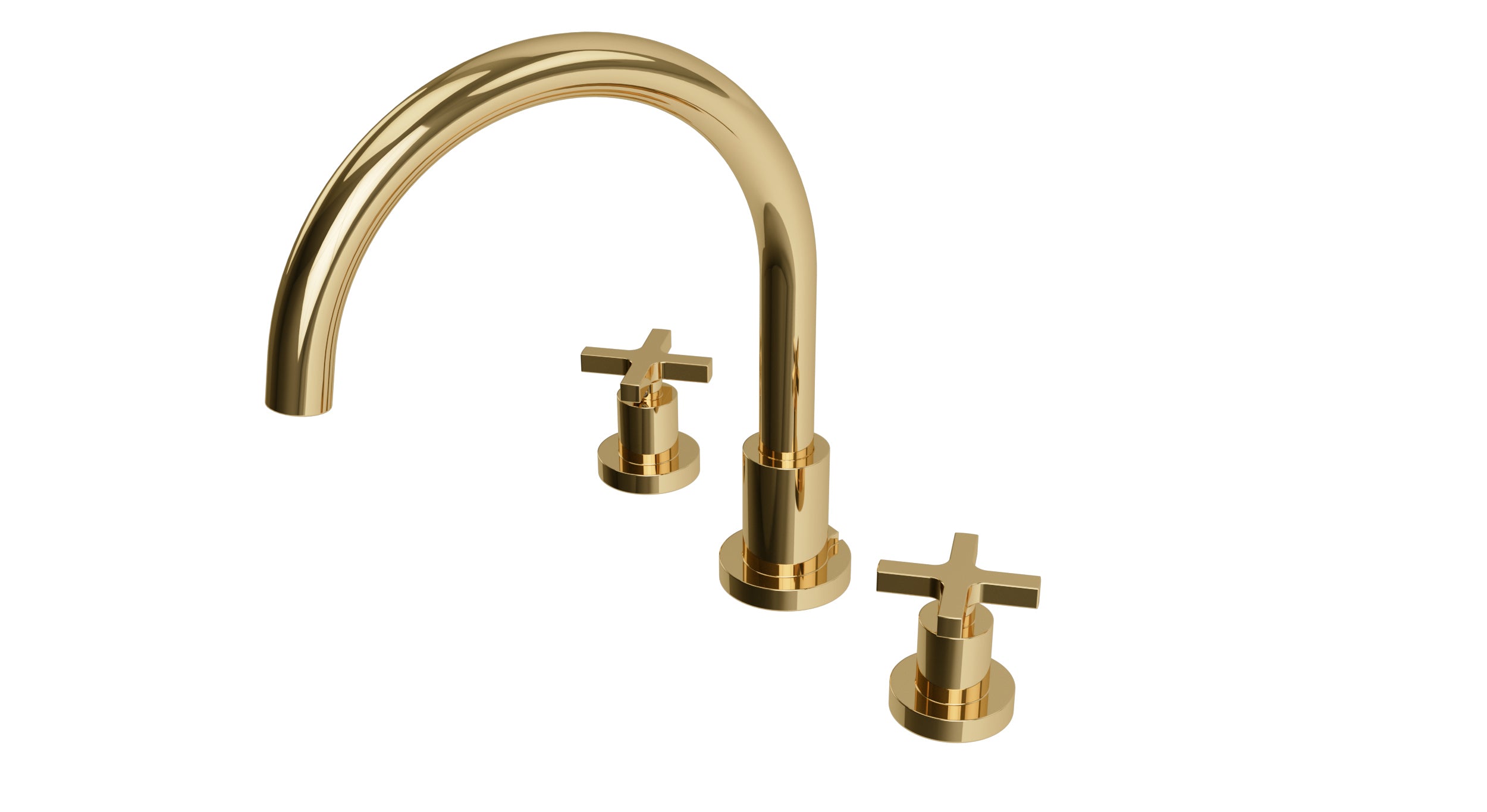 Flatiron Two Handle Deck Mount Gooseneck Bath Trim with Linear Cross Handles in Polished Brass