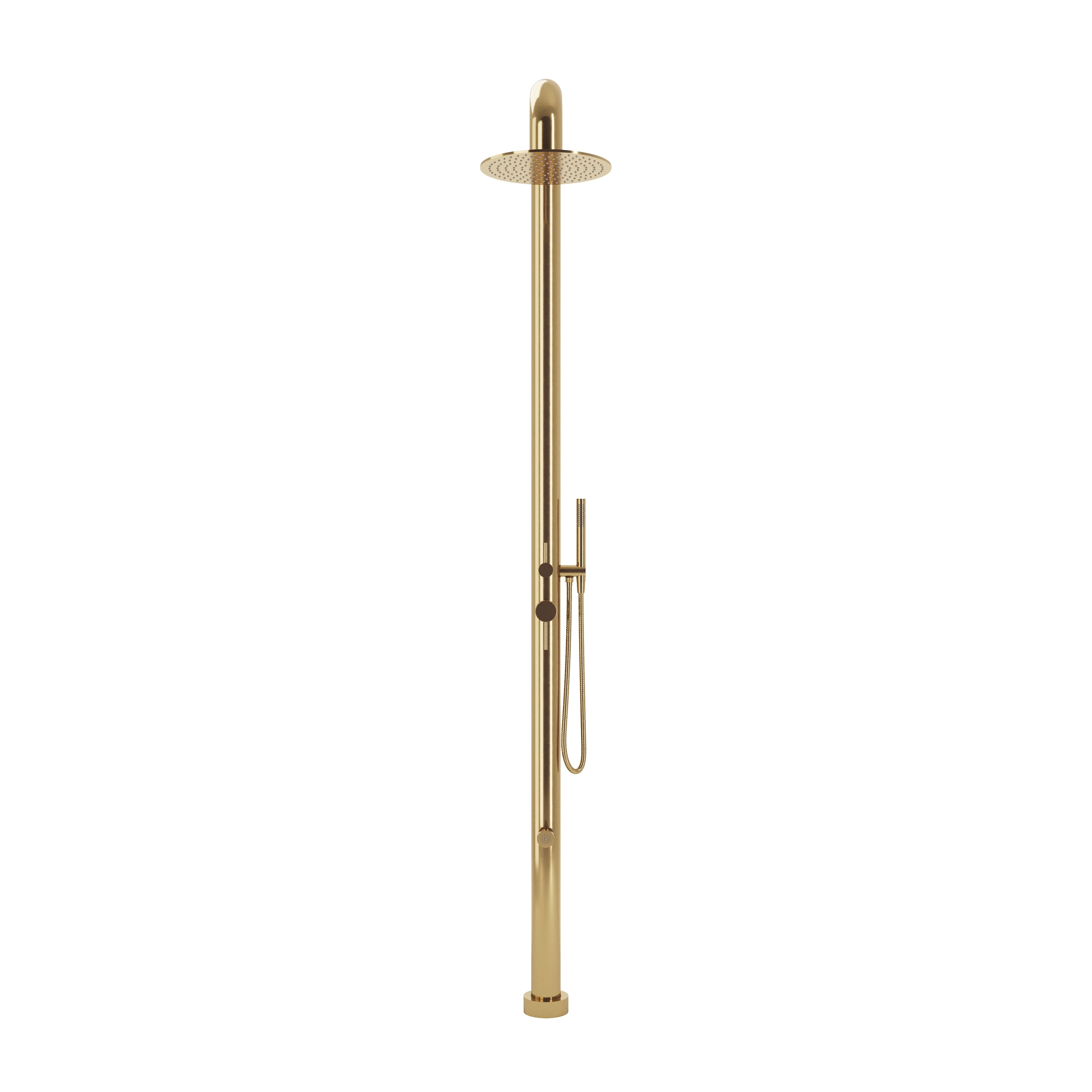 Contour Outdoor Shower Pressure Balance with 12" Rain Head, Hand Shower, and Foot Wash in Uncoated Polished Brass