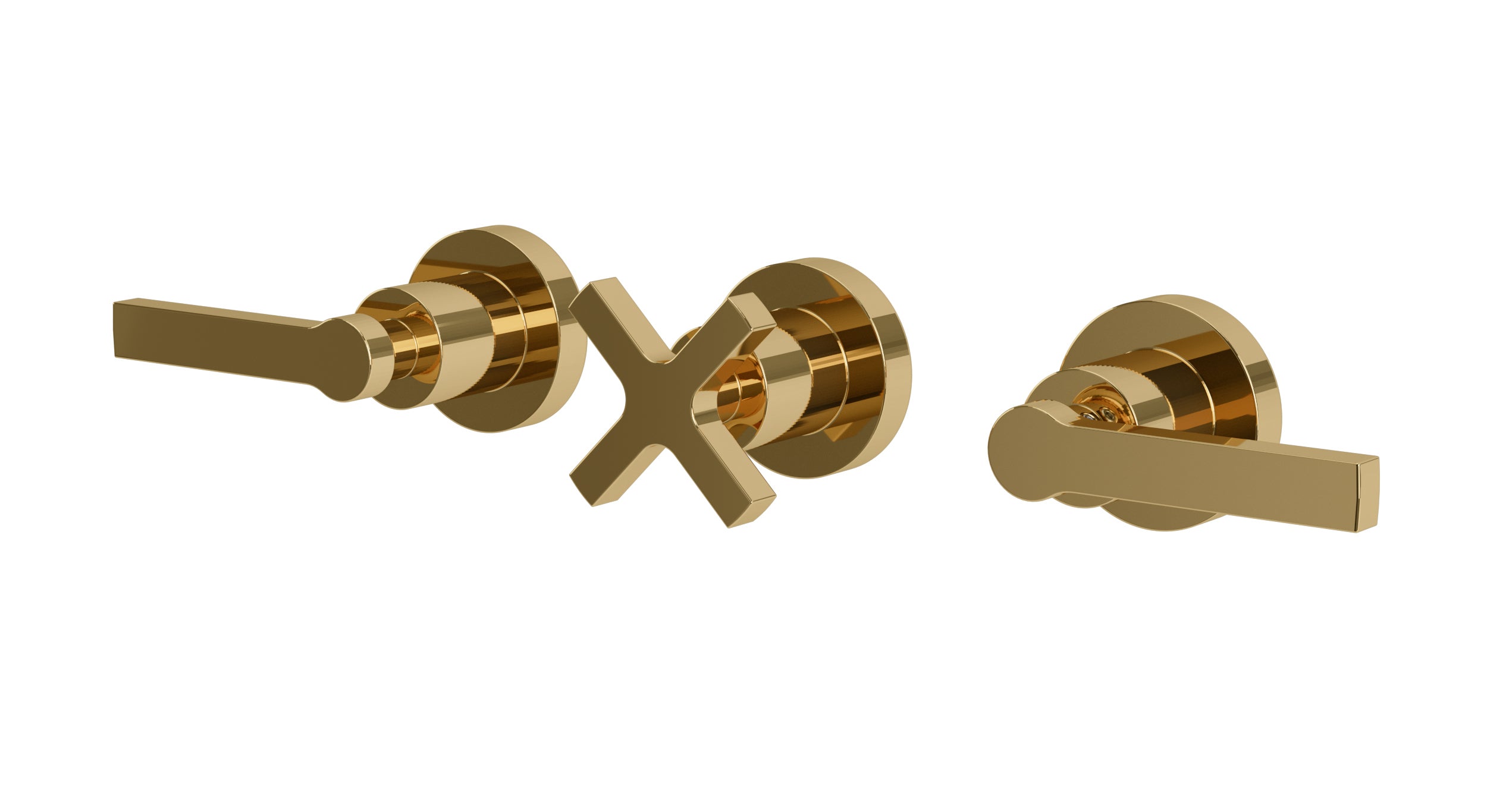 Flatiron Three Handle Wall Mount Bath Trim with Linear Cross/Linear Lever Handles in Polished Brass