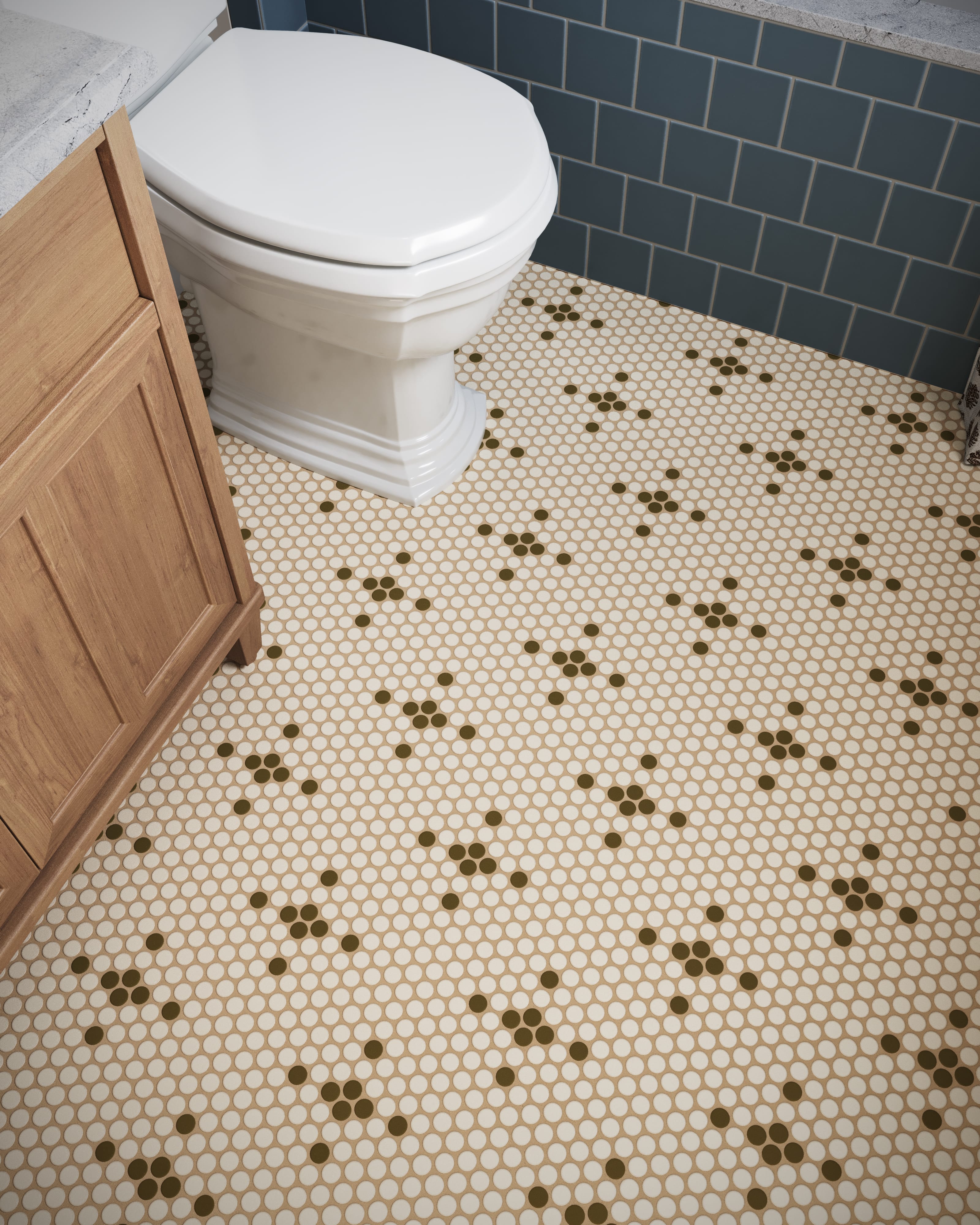 1" Penny Round Sparkle Sheeted Original Ceramic Tile in Sand Dune Matte & Chaparral Matte