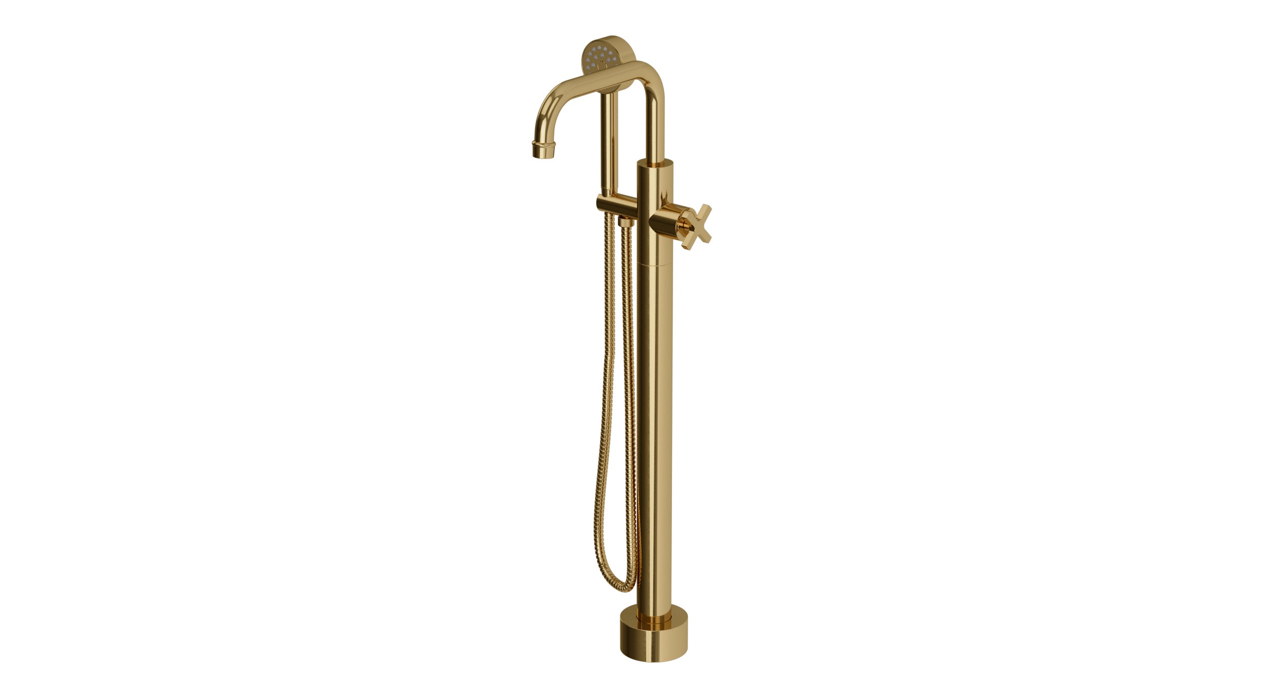 Emerson One Handle Floor Mount Squaretop Bath Trim with Hand Shower and Classic Cross Handle in Uncoated Polished Brass