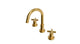 Flatiron Two Handle Deck Mount Short Gooseneck Lavatory Faucet with Linear Cross Handles in French Brass