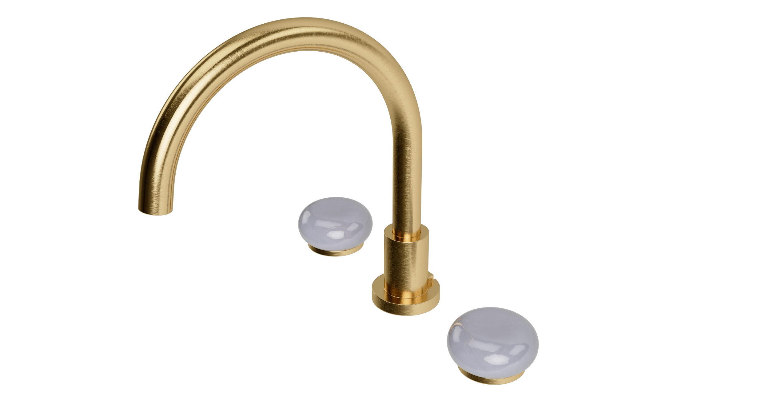 Foundry Two Handle Deck Mount Gooseneck Bath Trim with Pebble Ceramic Knob Handles in Satin Brass