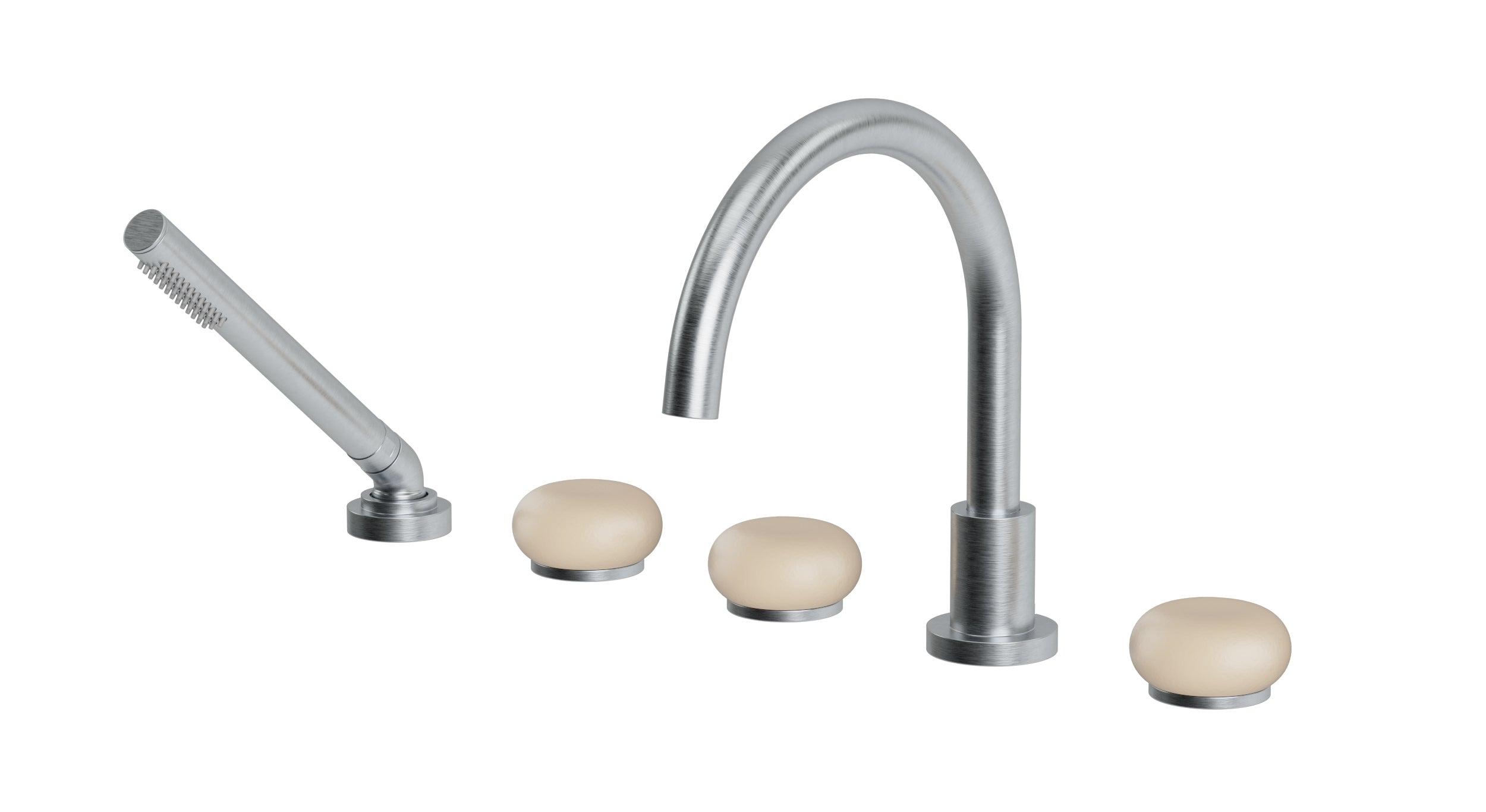 Foundry Three Handle Deck Mount Gooseneck Bath Trim with Hand Shower and Pebble Ceramic Knob Handles in Satin Chrome