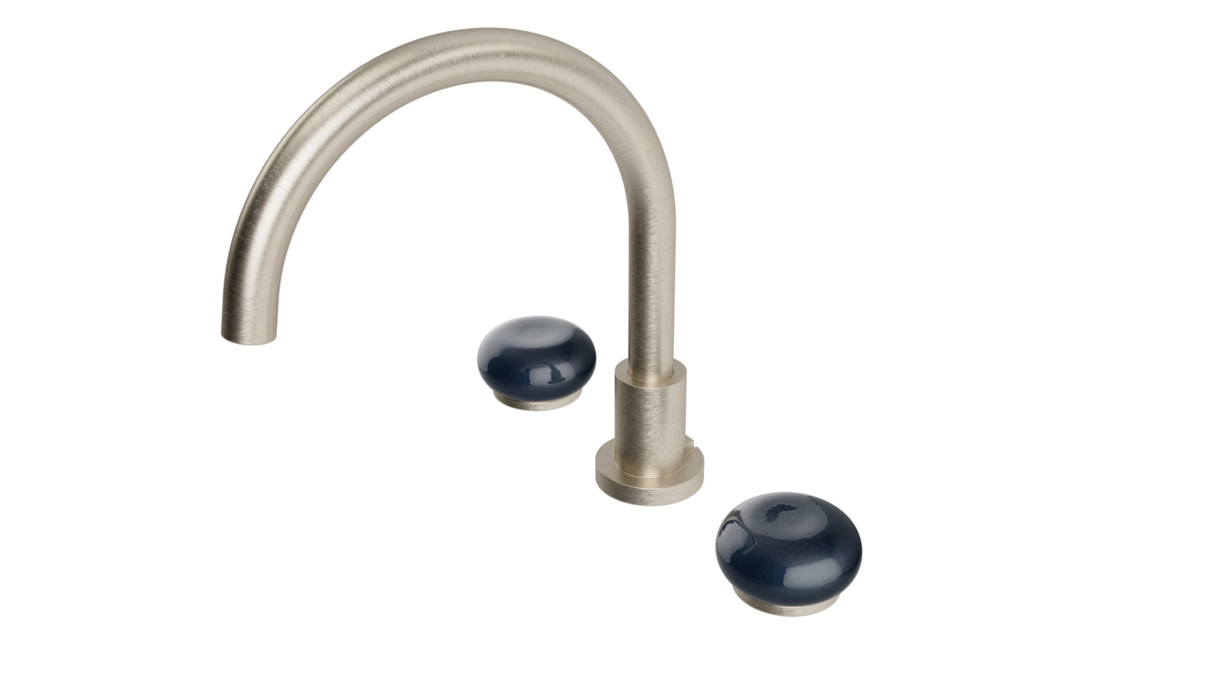 Foundry Two Handle Deck Mount Gooseneck Bath Trim with Pebble Ceramic Knob Handles in Satin Nickel