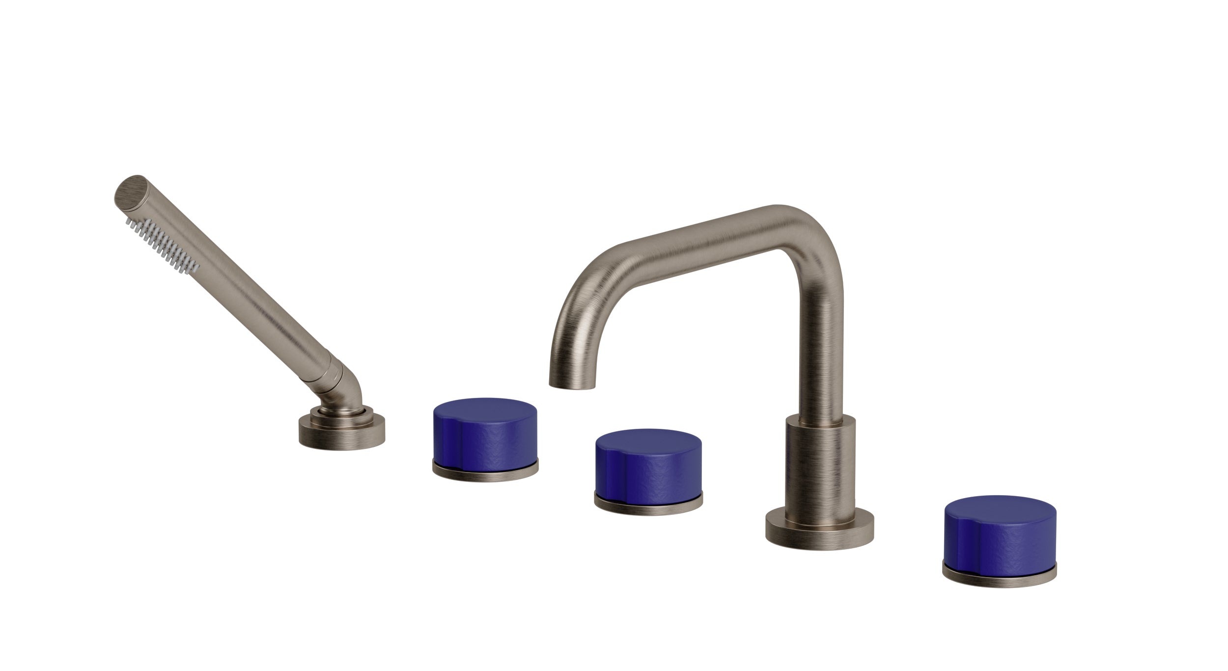 Foundry Three Handle Deck Mount Squaretop Bath Trim with Hand Shower and Groove Ceramic Knob Handles in Antique Nickel