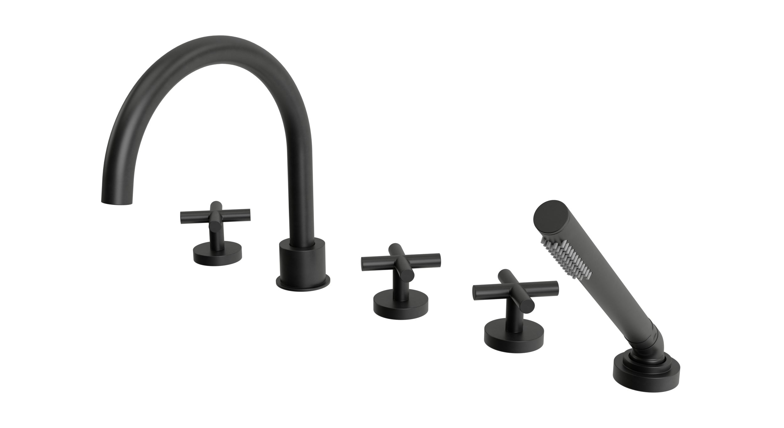Contour Three Handle Deck Mount Gooseneck Bath Trim with Hand Shower and Soft Cross Handles in Oil Rubbed Bronze