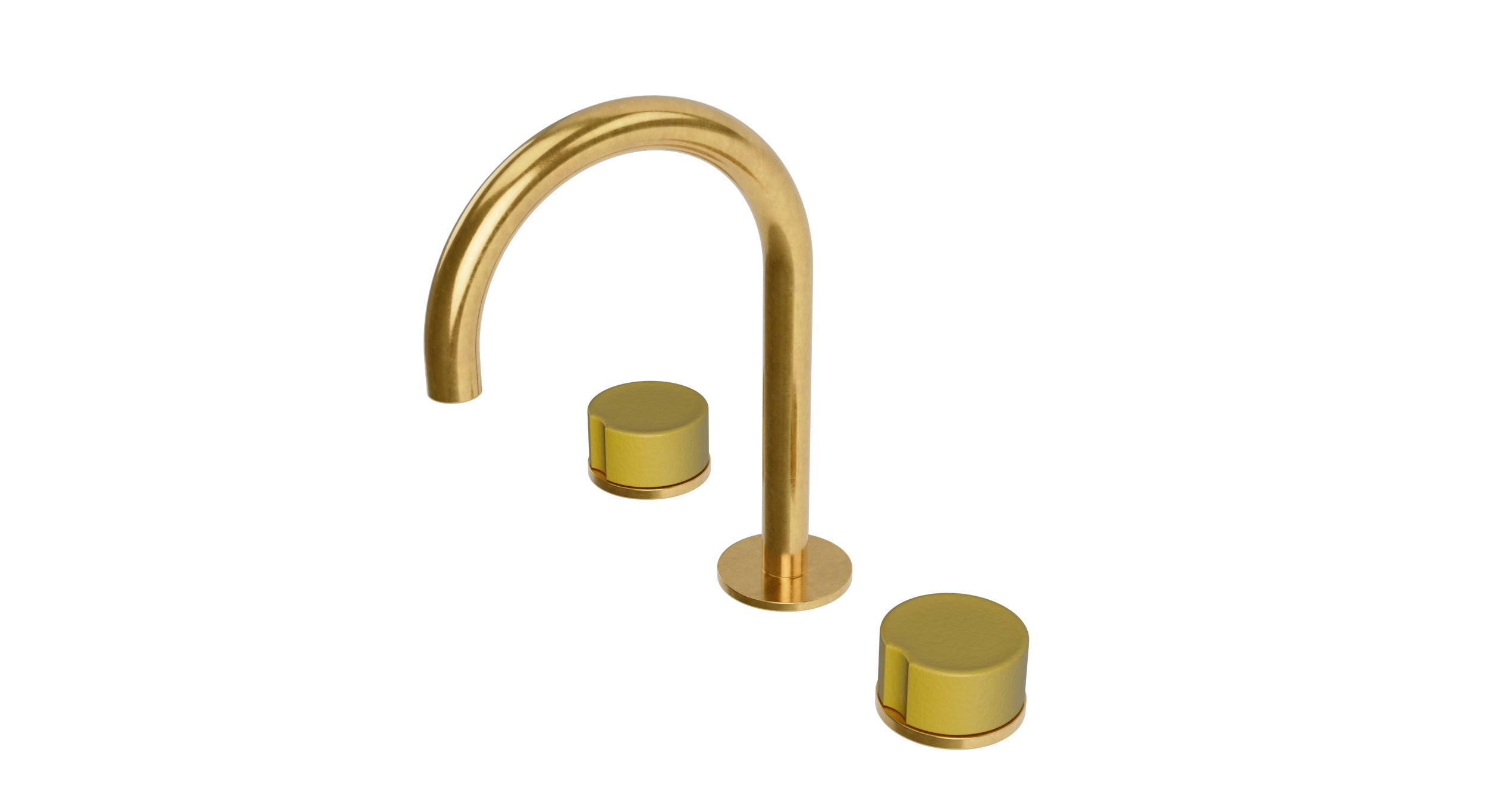 Foundry Two Handle Deck Mount Gooseneck Lavatory Faucet with Groove Ceramic Knob Handles in French Brass