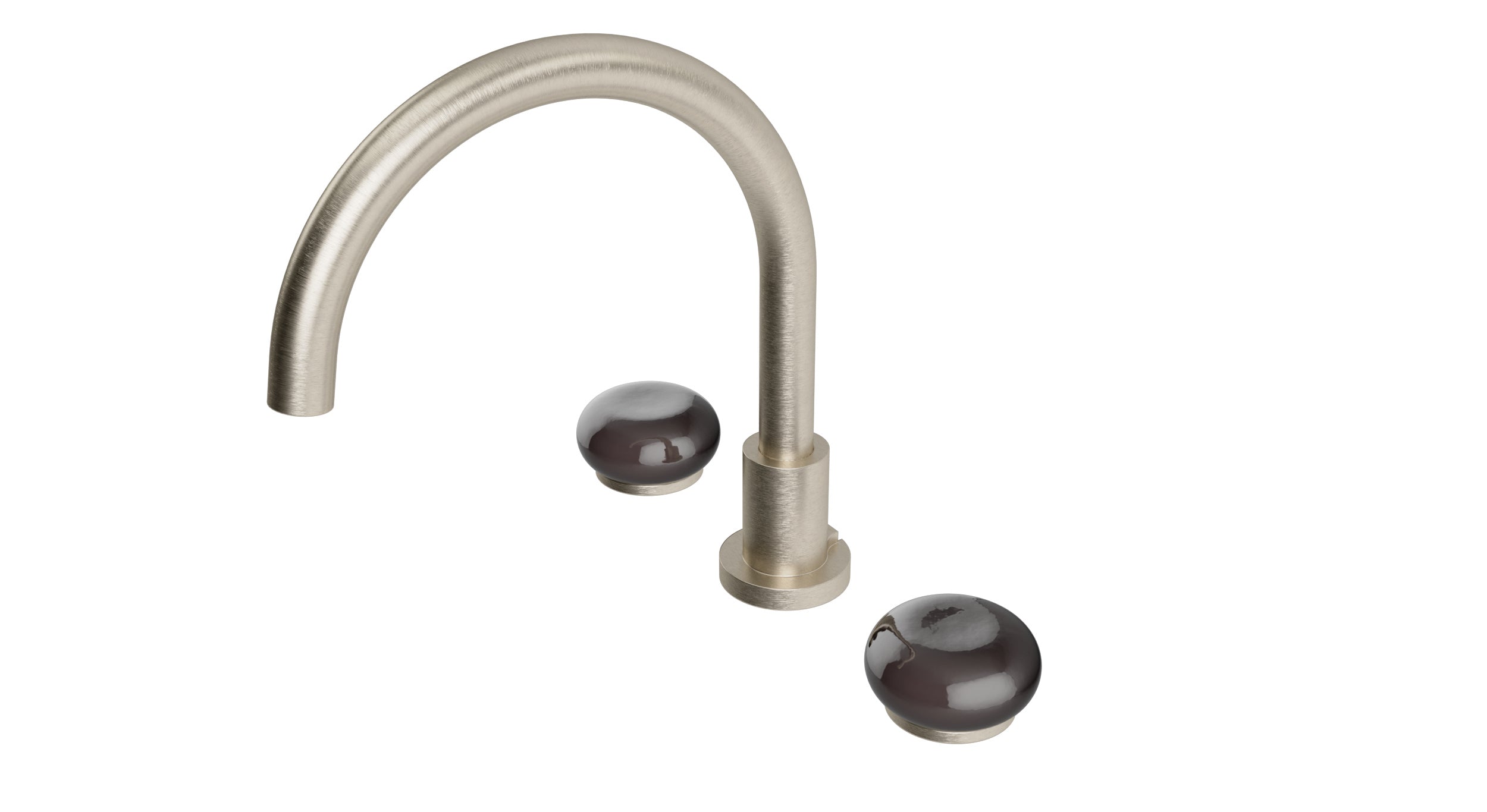 Foundry Two Handle Deck Mount Gooseneck Bath Trim with Pebble Ceramic Knob Handles in Satin Nickel