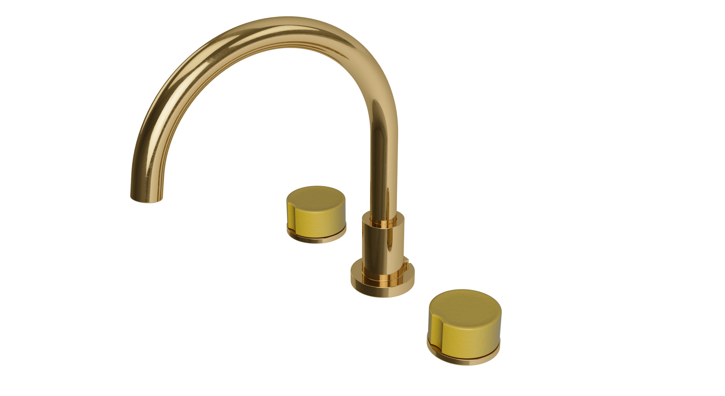Foundry Two Handle Deck Mount Gooseneck Bath Trim with Groove Ceramic Knob Handles in Uncoated Polished Brass
