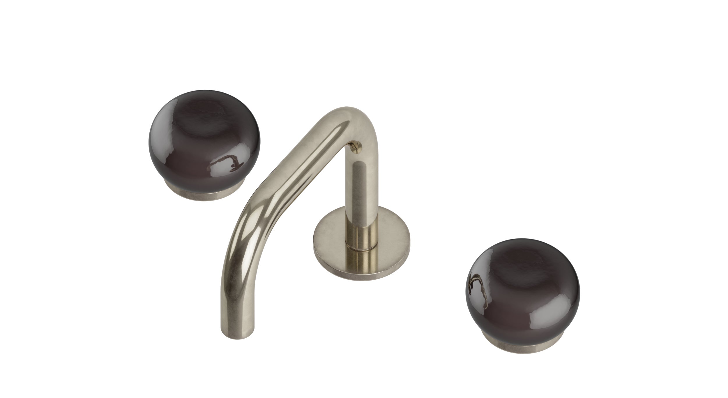 Foundry Two Handle Deck Mount Squaretop Lavatory Faucet with Pebble Ceramic Knob Handles in French Nickel