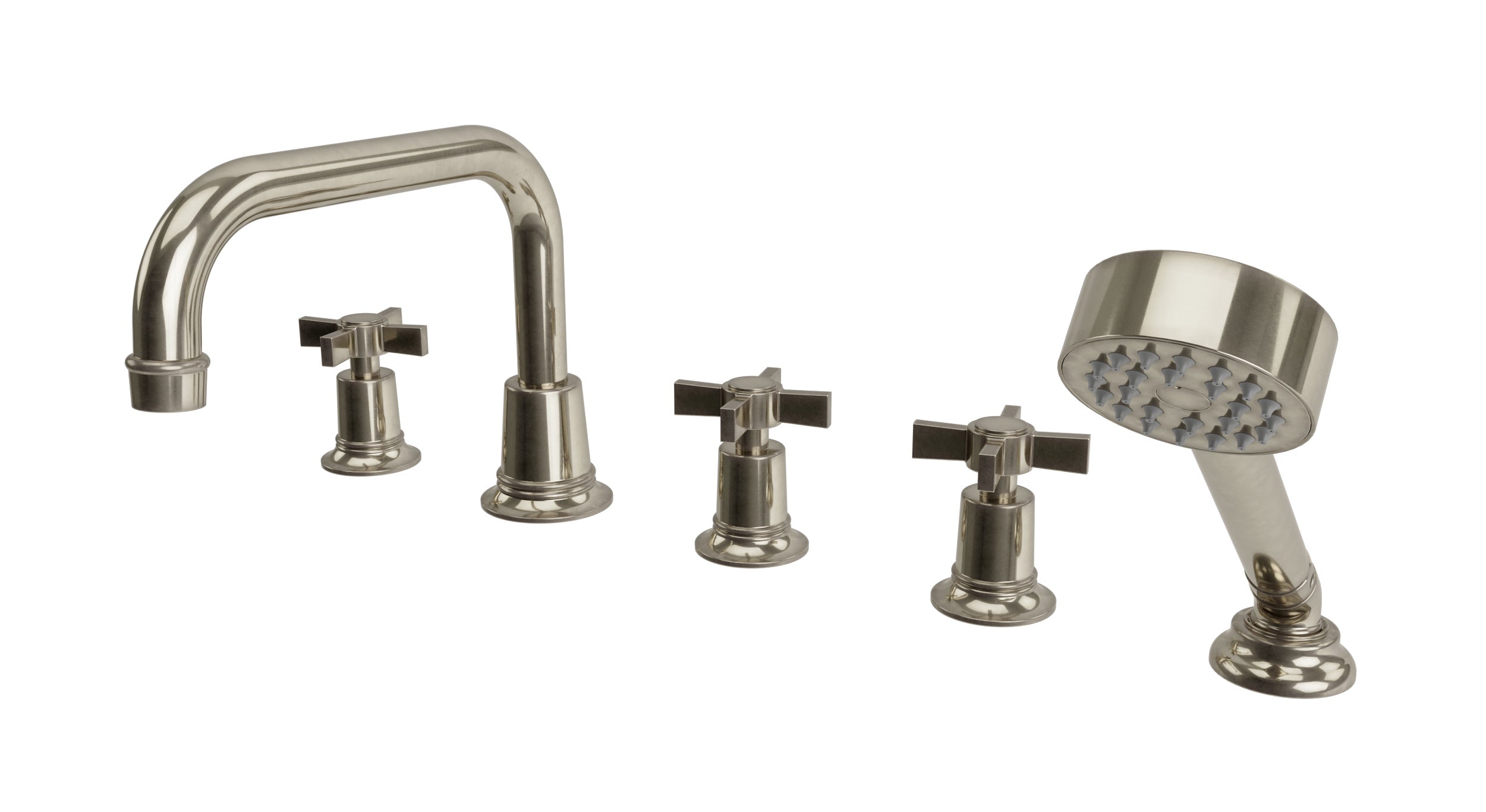 Emerson Three Handle Deck Mount Squaretop Bath Trim with Hand Shower and Defined Cross Handles in French Nickel