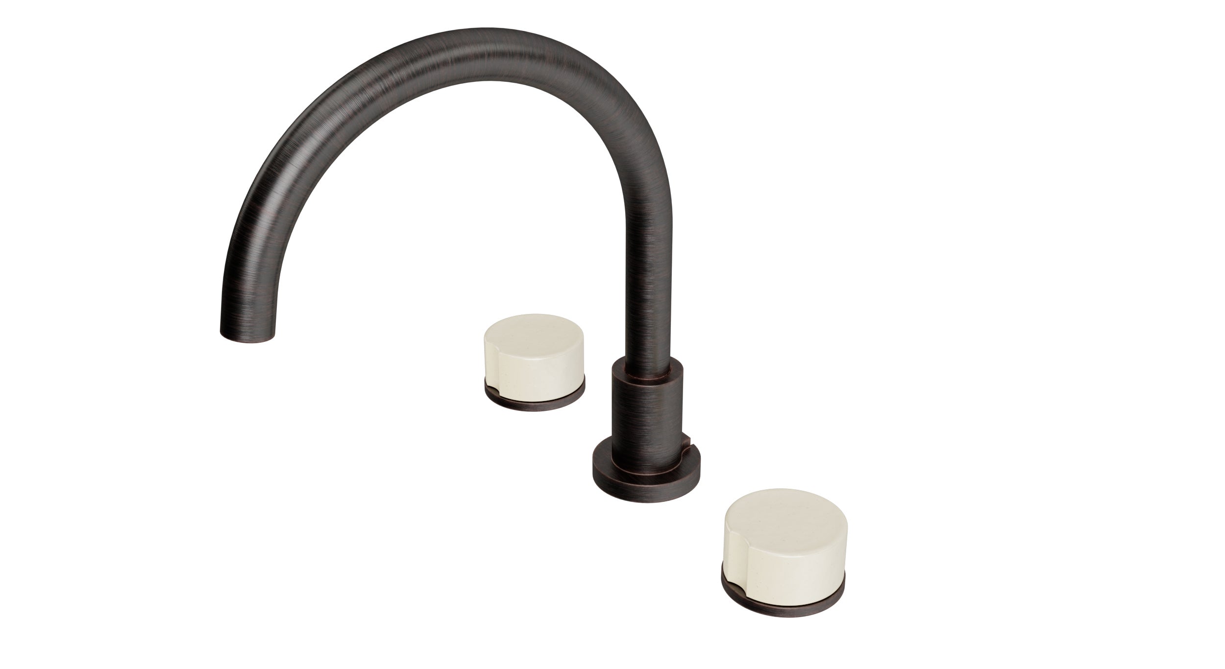 Foundry Two Handle Deck Mount Gooseneck Bath Trim with Groove Ceramic Knob Handles in Antique Bronze