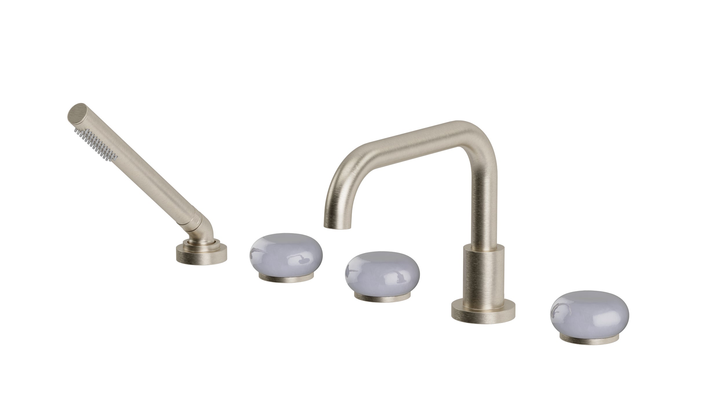 Foundry Three Handle Deck Mount Squaretop Bath Trim with Hand Shower and Pebble Ceramic Knob Handles in Satin Nickel