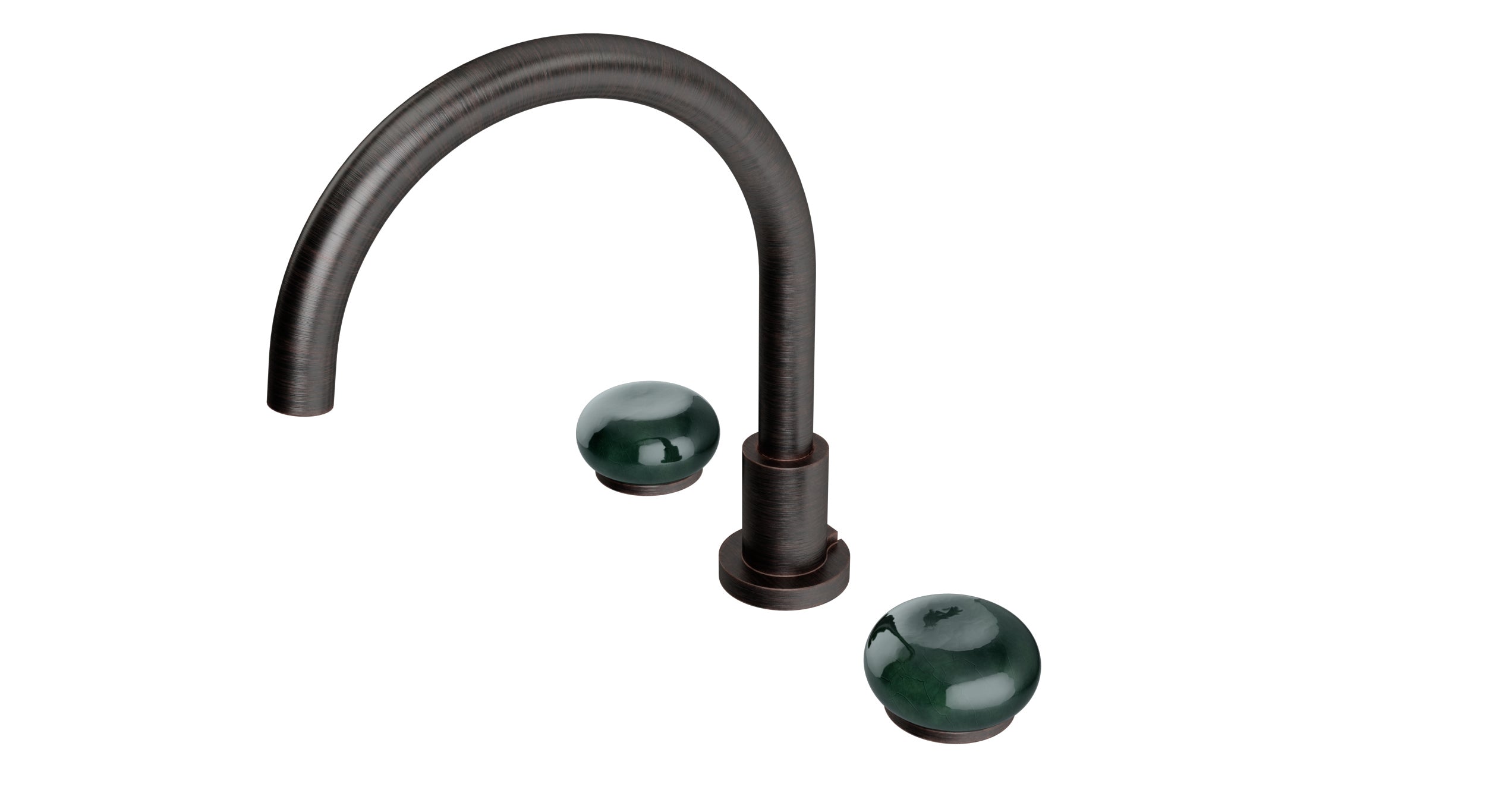 Foundry Two Handle Deck Mount Gooseneck Bath Trim with Pebble Ceramic Knob Handles in Antique Bronze
