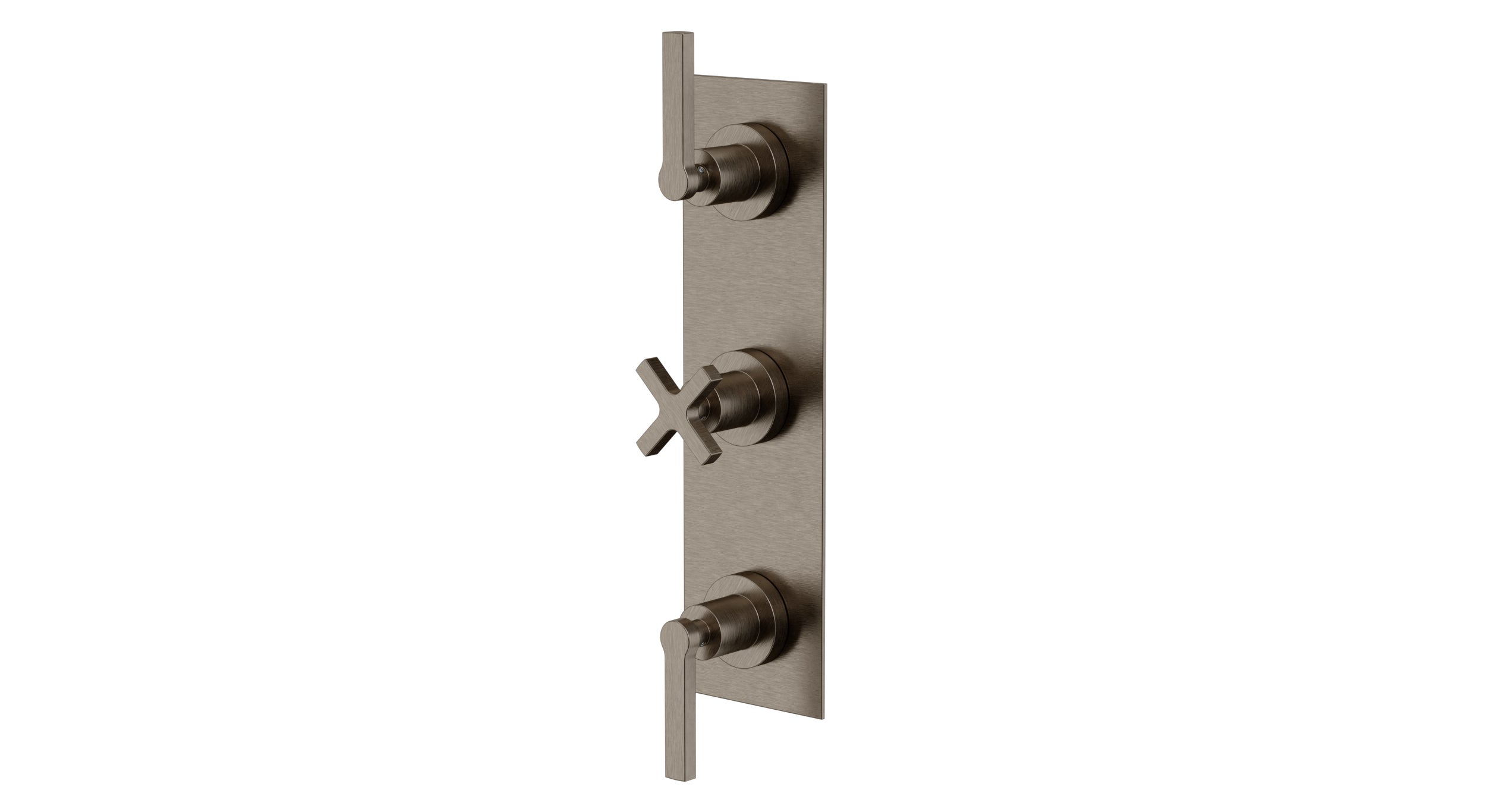 Flatiron Three Handle Wall Mount Shower Trim with Linear Cross/Linear Lever Handles in Antique Nickel