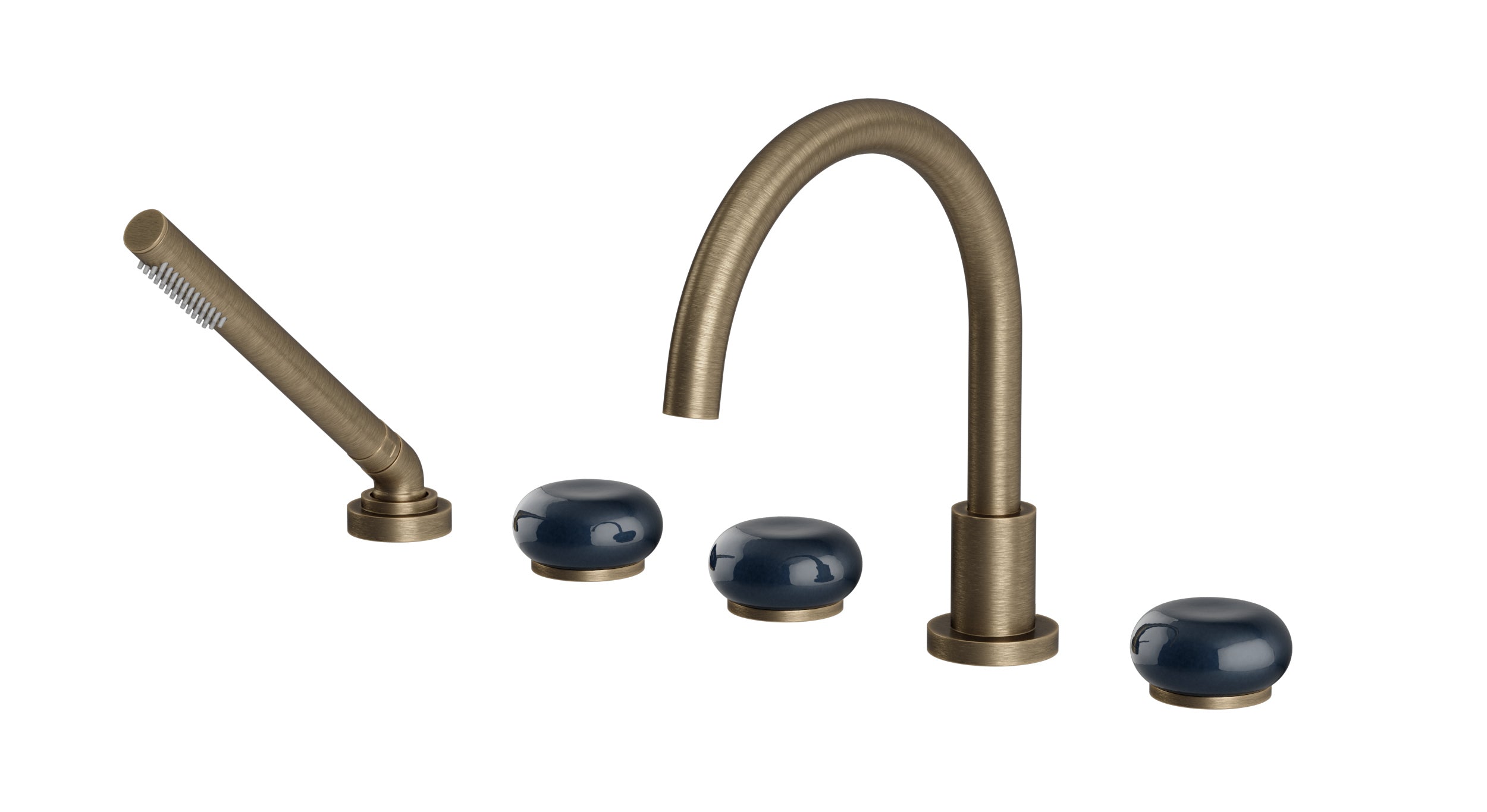 Foundry Three Handle Deck Mount Gooseneck Bath Trim with Hand Shower and Pebble Ceramic Knob Handles in Antique Brass
