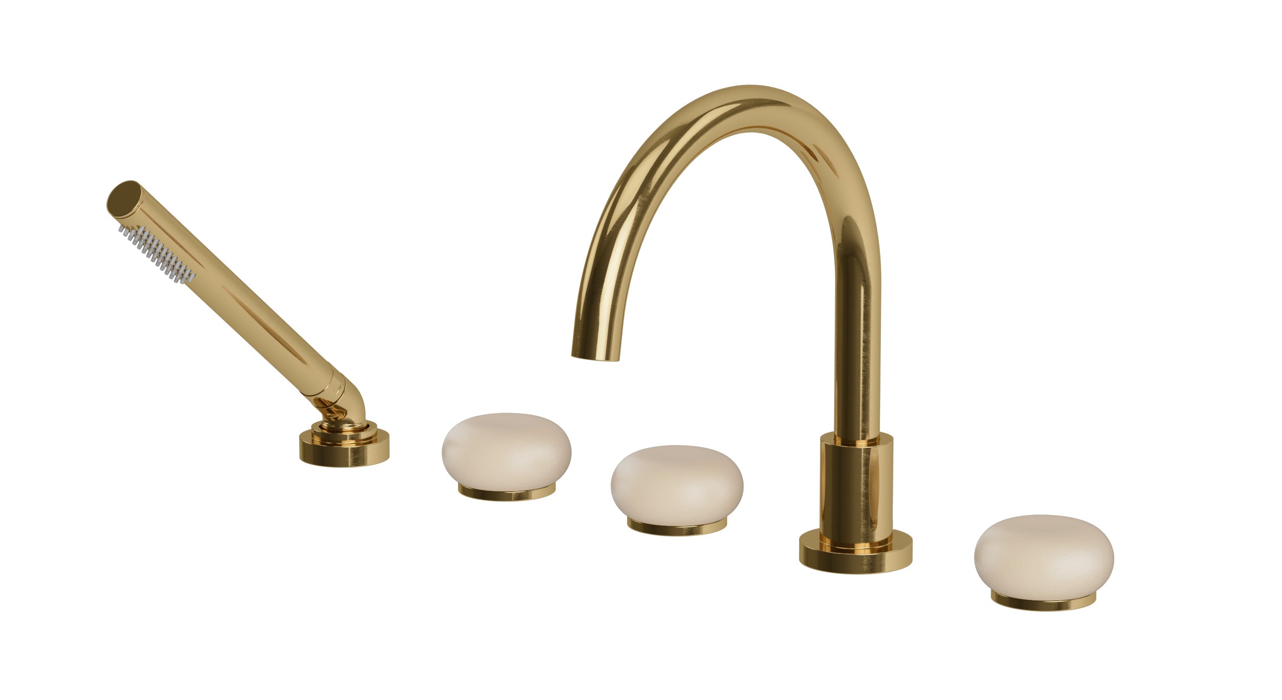 Foundry Three Handle Deck Mount Gooseneck Bath Trim with Hand Shower and Pebble Ceramic Knob Handles in Uncoated Polished Brass