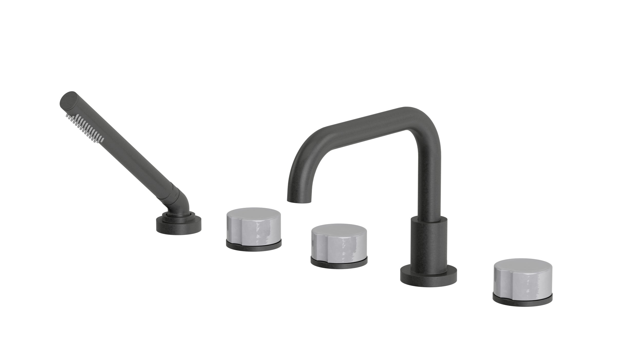 Foundry Three Handle Deck Mount Squaretop Bath Trim with Hand Shower and Groove Ceramic Knob Handles in Blackened Nickel