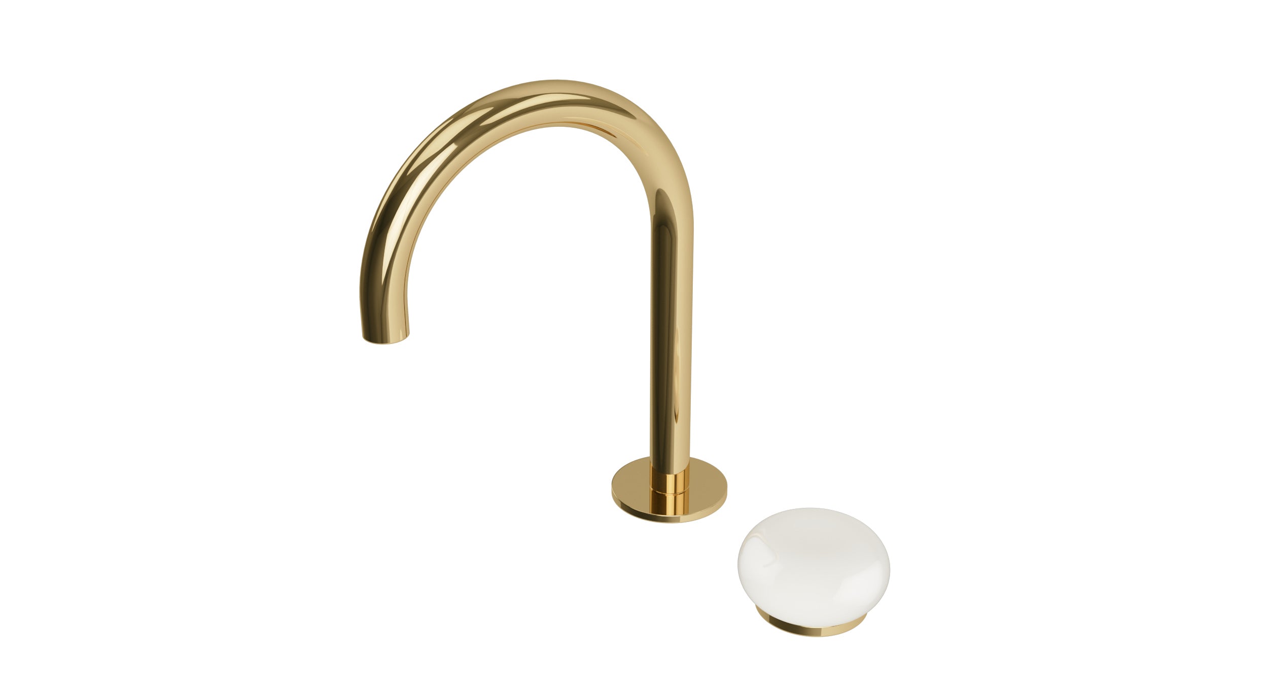 Foundry One Handle Deck Mount Gooseneck Lavatory Faucet with Pebble Ceramic Knob Handle in Polished Brass