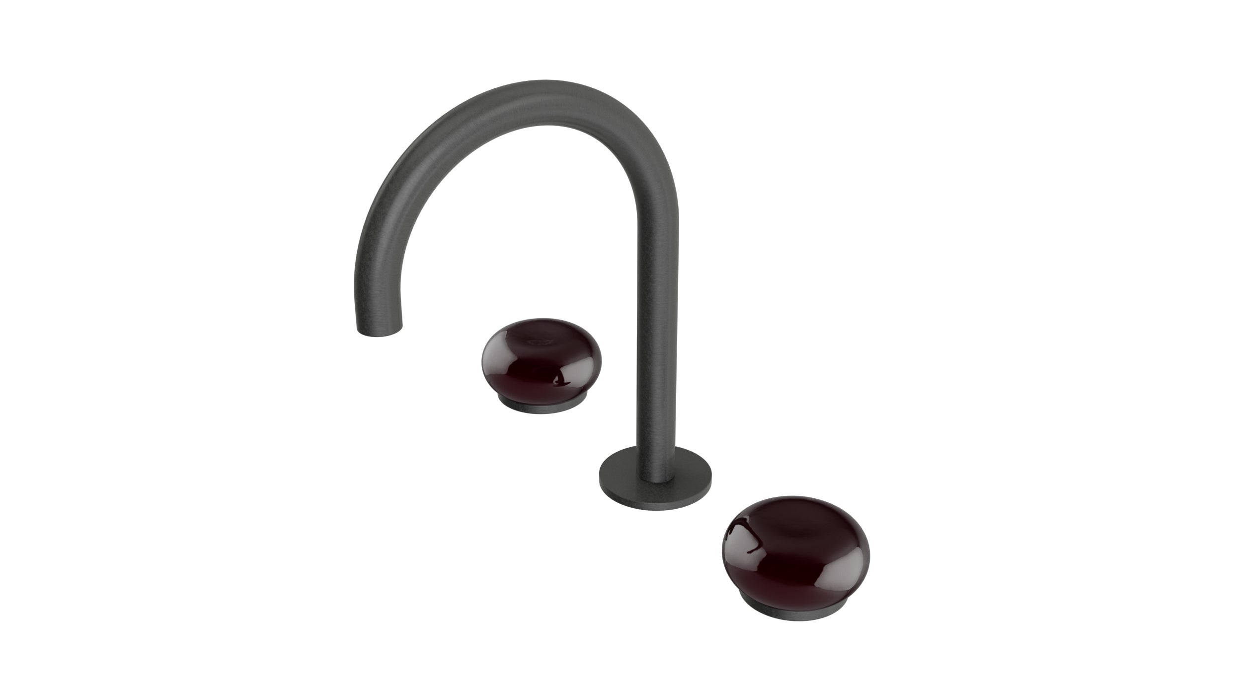 Foundry Two Handle Deck Mount Gooseneck Lavatory Faucet with Pebble Ceramic Knob Handles in Blackened Nickel