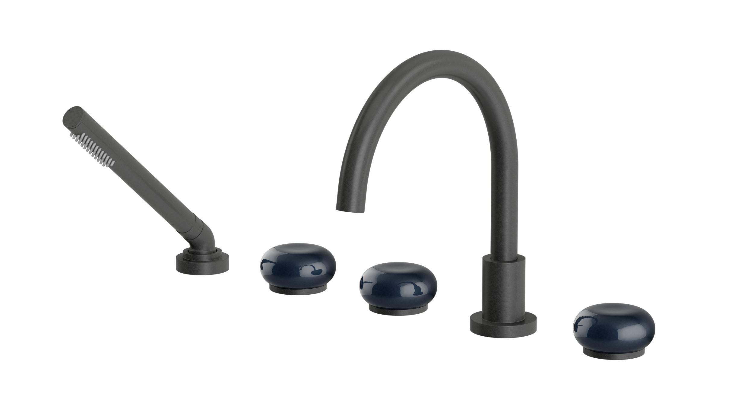Foundry Three Handle Deck Mount Gooseneck Bath Trim with Hand Shower and Pebble Ceramic Knob Handles in Blackened Nickel