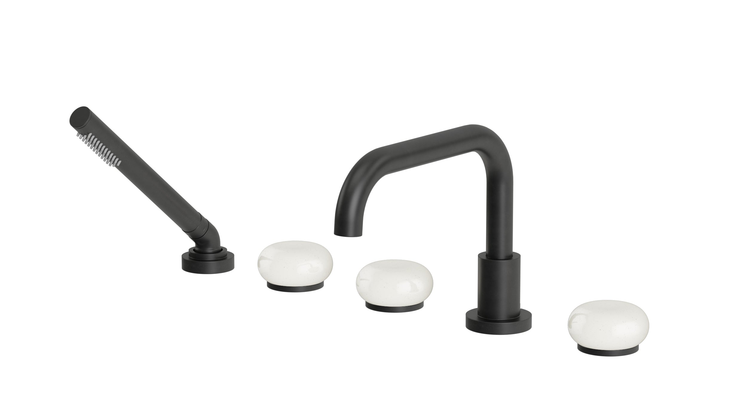 Foundry Three Handle Deck Mount Squaretop Bath Trim with Hand Shower and Pebble Ceramic Knob Handles in Oil Rubbed Bronze