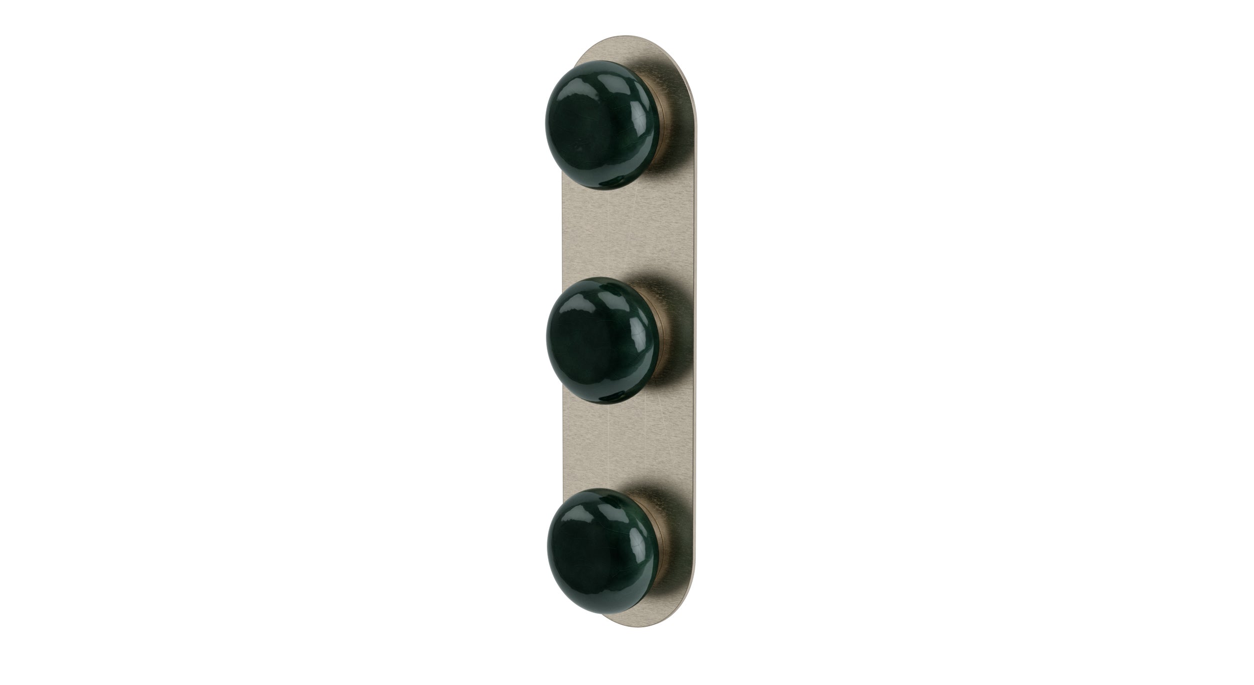 Foundry Three Handle Wall Mount Shower Trim with Pebble Ceramic Knob Handles in Satin Nickel