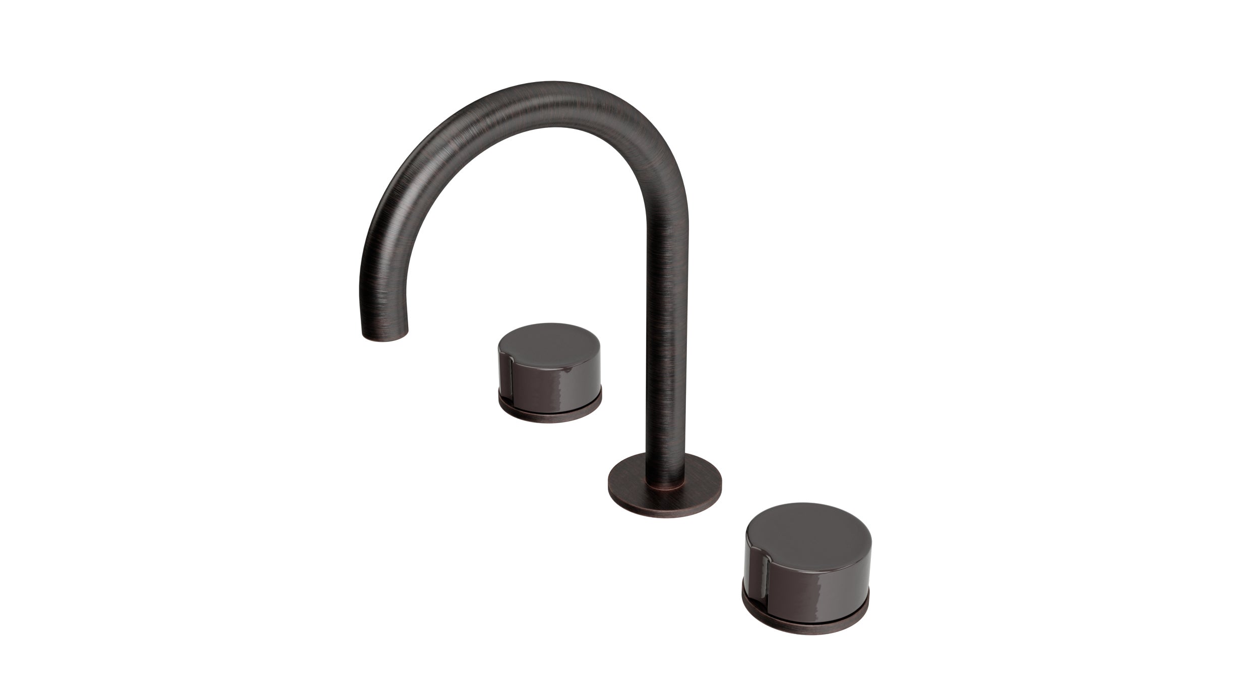 Foundry Two Handle Deck Mount Gooseneck Lavatory Faucet with Groove Ceramic Knob Handles in Antique Bronze