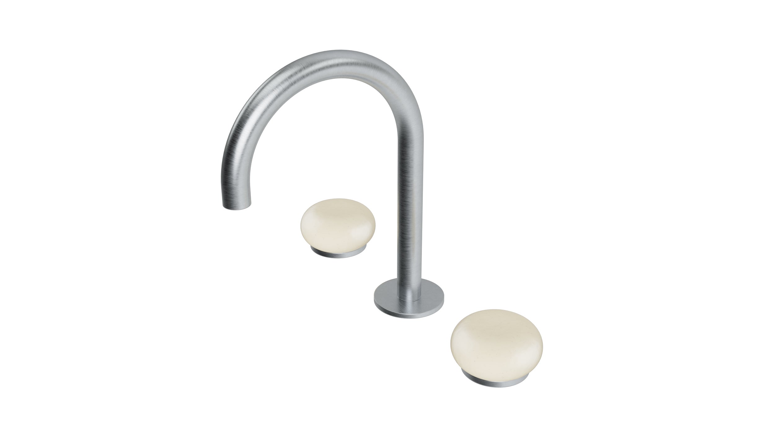 Foundry Two Handle Deck Mount Gooseneck Lavatory Faucet with Pebble Ceramic Knob Handles in Satin Chrome