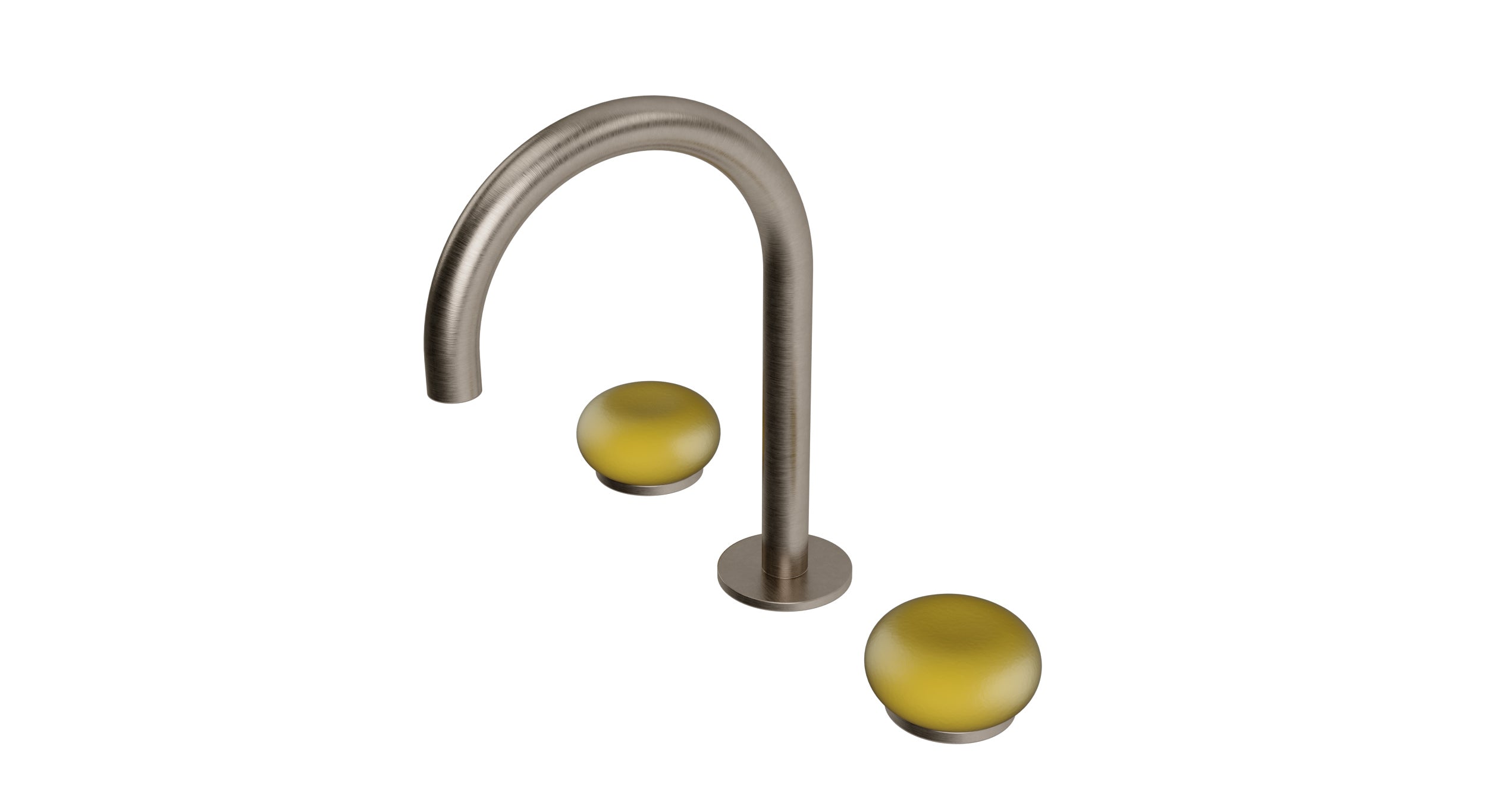 Foundry Two Handle Deck Mount Gooseneck Lavatory Faucet with Pebble Ceramic Knob Handles in Antique Nickel