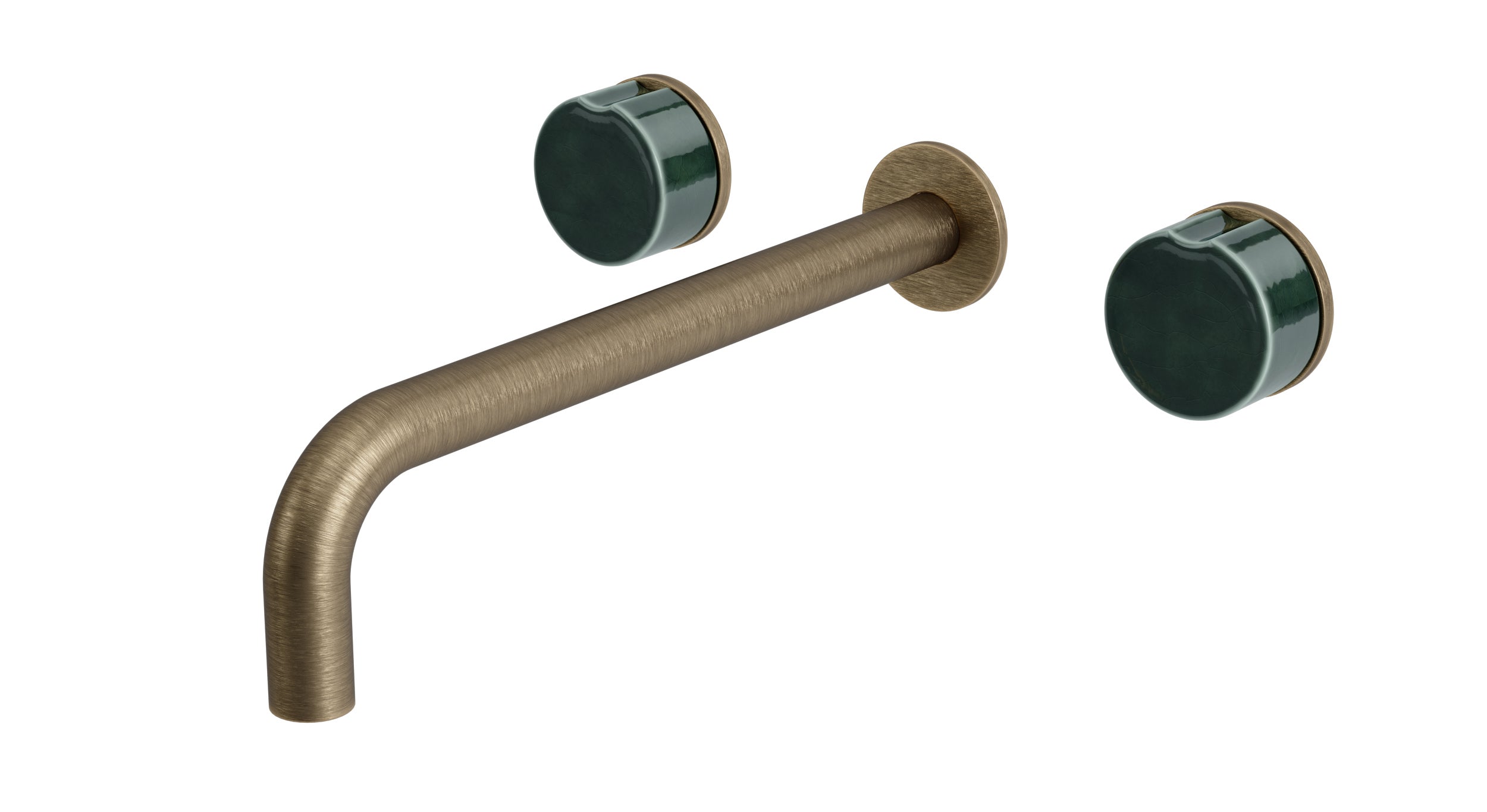 Foundry Two Handle Wall Mount 10" Lavatory Faucet with Groove Ceramic Knob Handles in Antique Brass