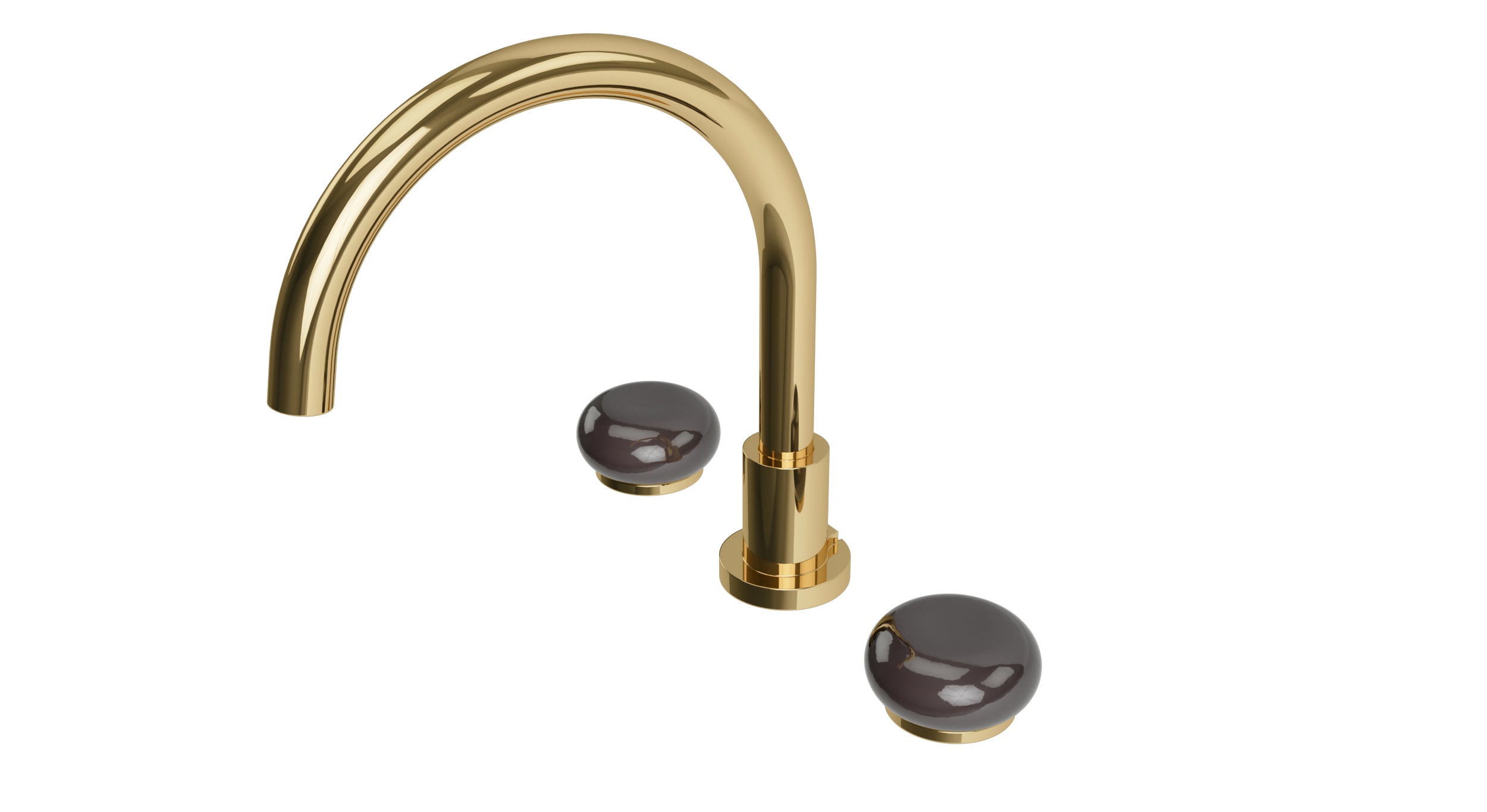 Foundry Two Handle Deck Mount Gooseneck Bath Trim with Pebble Ceramic Knob Handles in Polished Brass