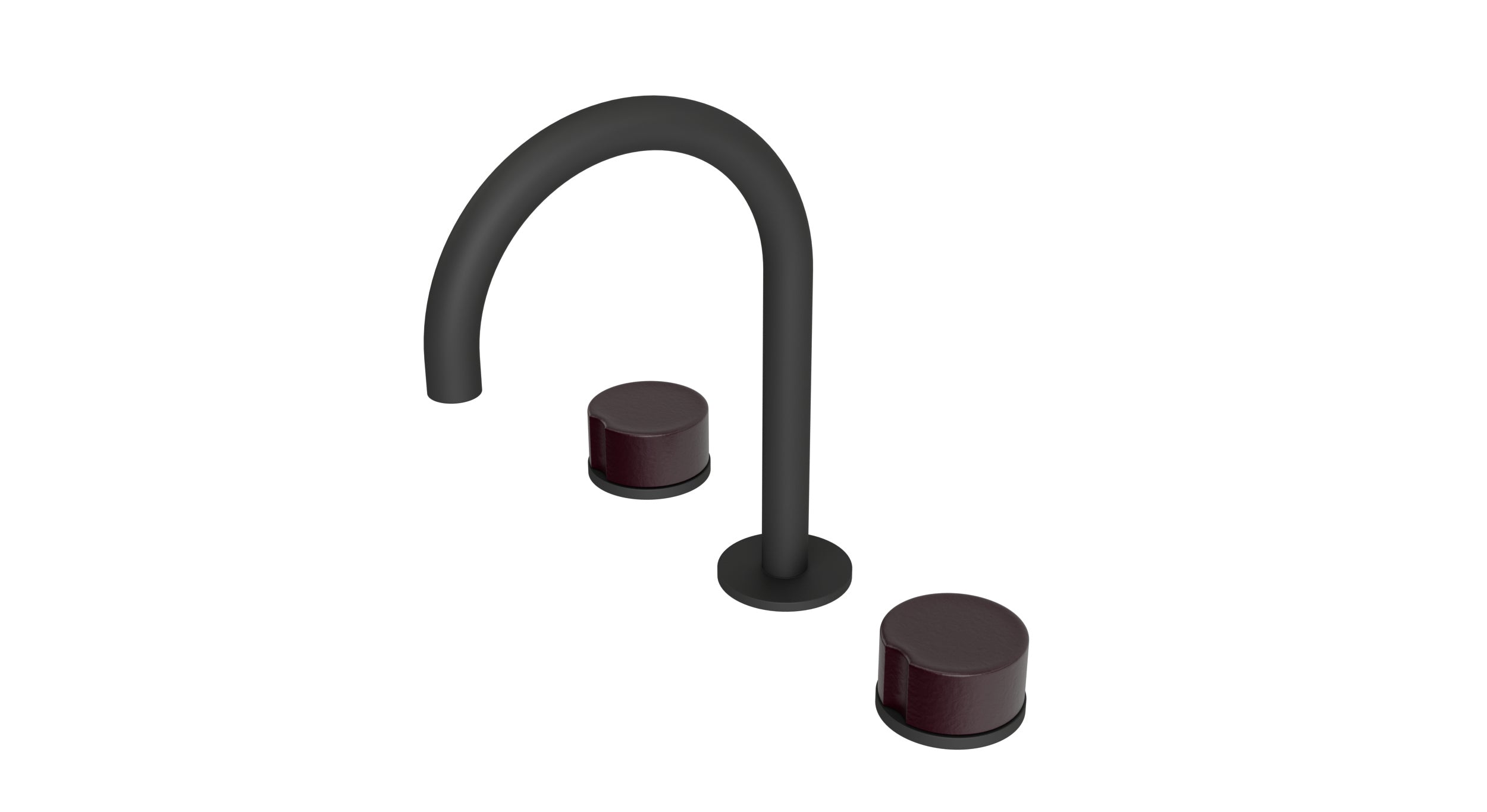 Foundry Two Handle Deck Mount Gooseneck Lavatory Faucet with Groove Ceramic Knob Handles in Matte Black