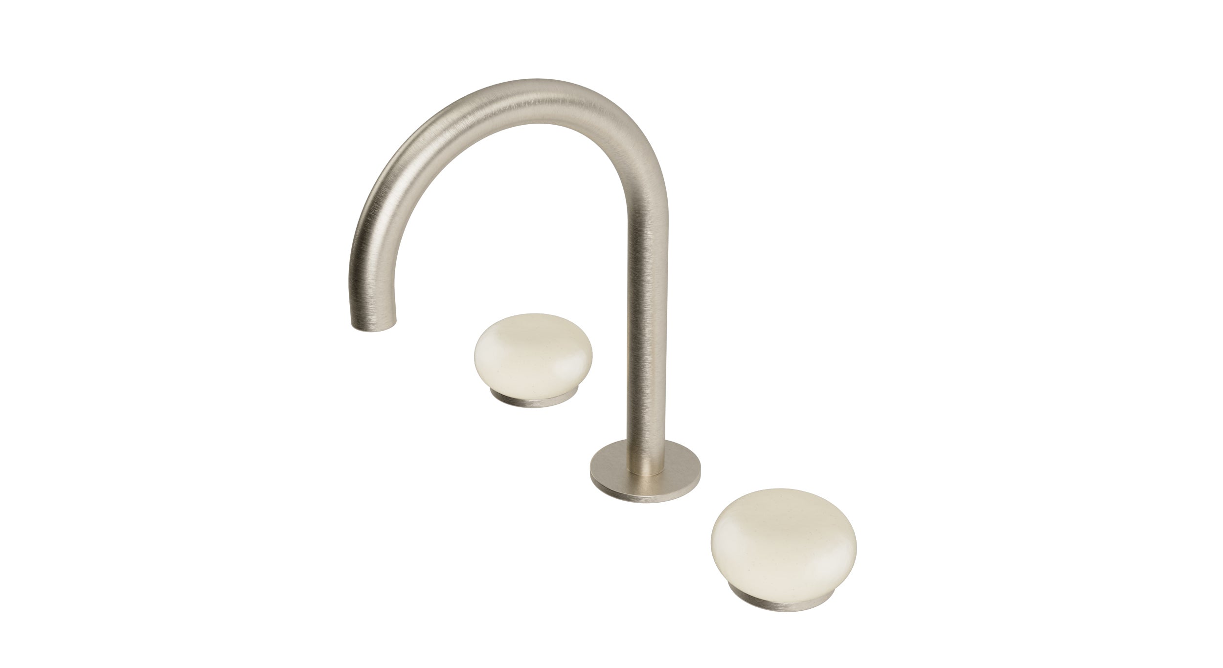 Foundry Two Handle Deck Mount Gooseneck Lavatory Faucet with Pebble Ceramic Knob Handles in Satin Nickel
