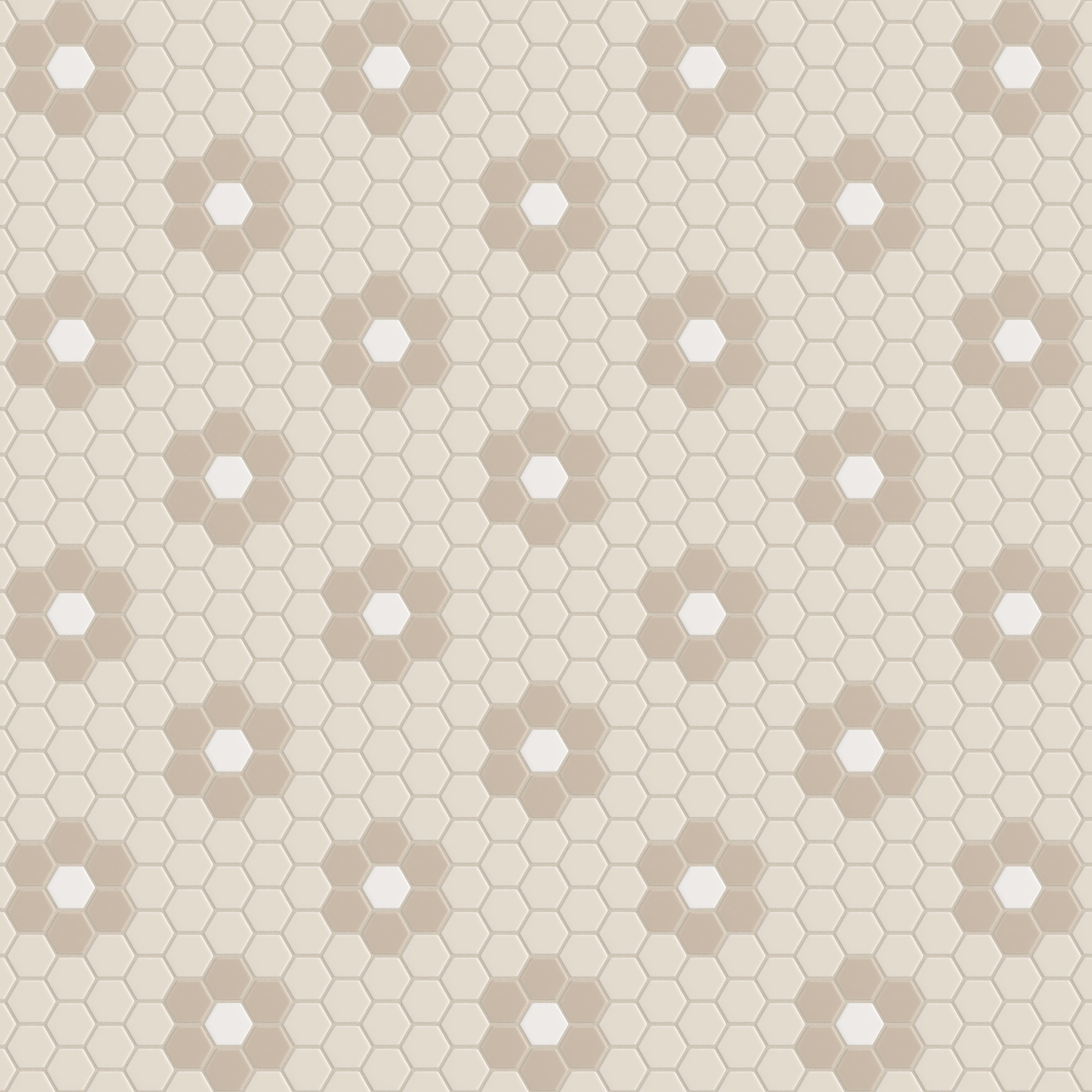 2" Hexagon Double Daisy Sheeted Original Ceramic Tile in Sand Dune Matte, Sweet Pea Matte & Calcite Matte