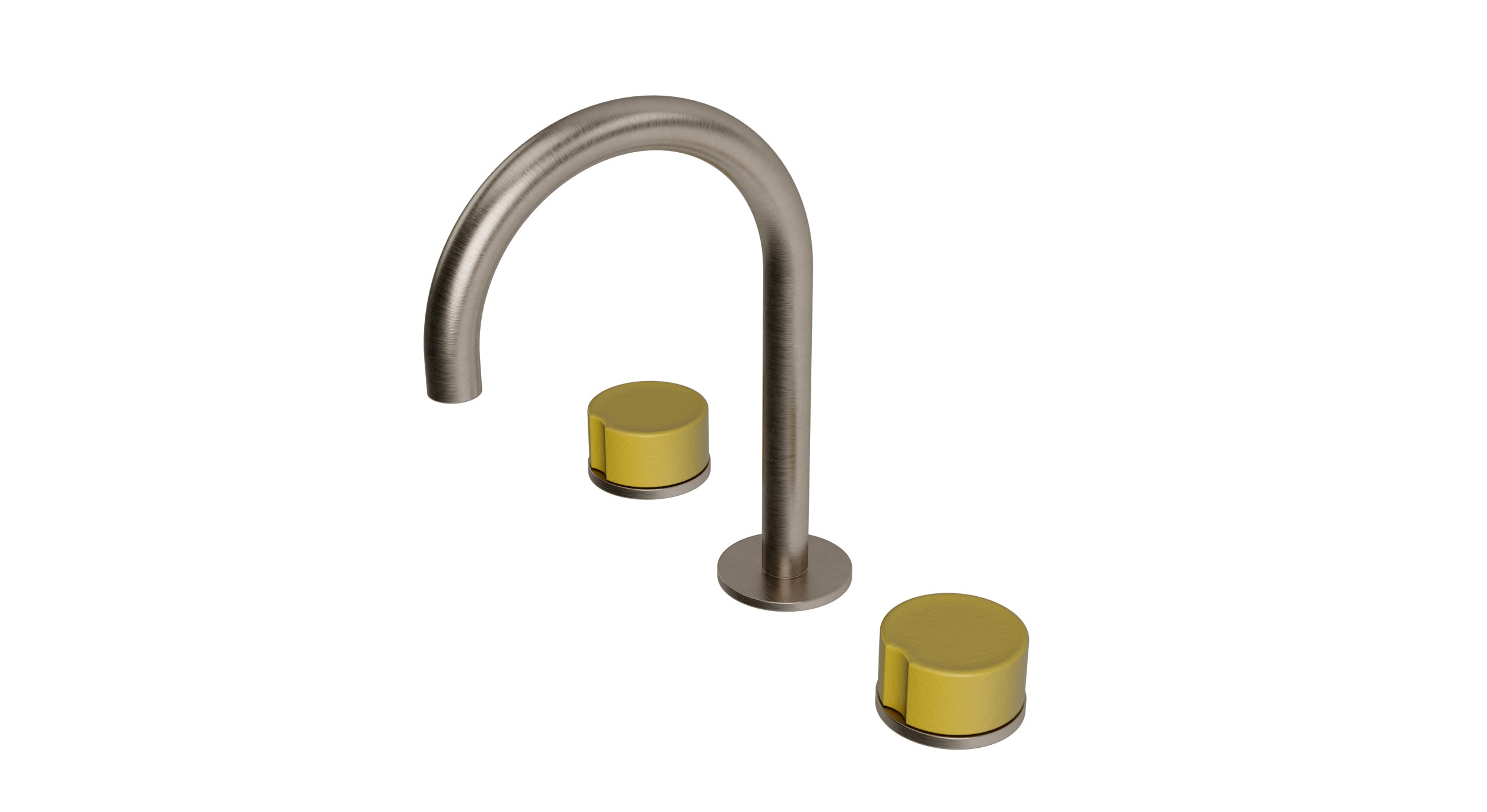 Foundry Two Handle Deck Mount Gooseneck Lavatory Faucet with Groove Ceramic Knob Handles in Antique Nickel