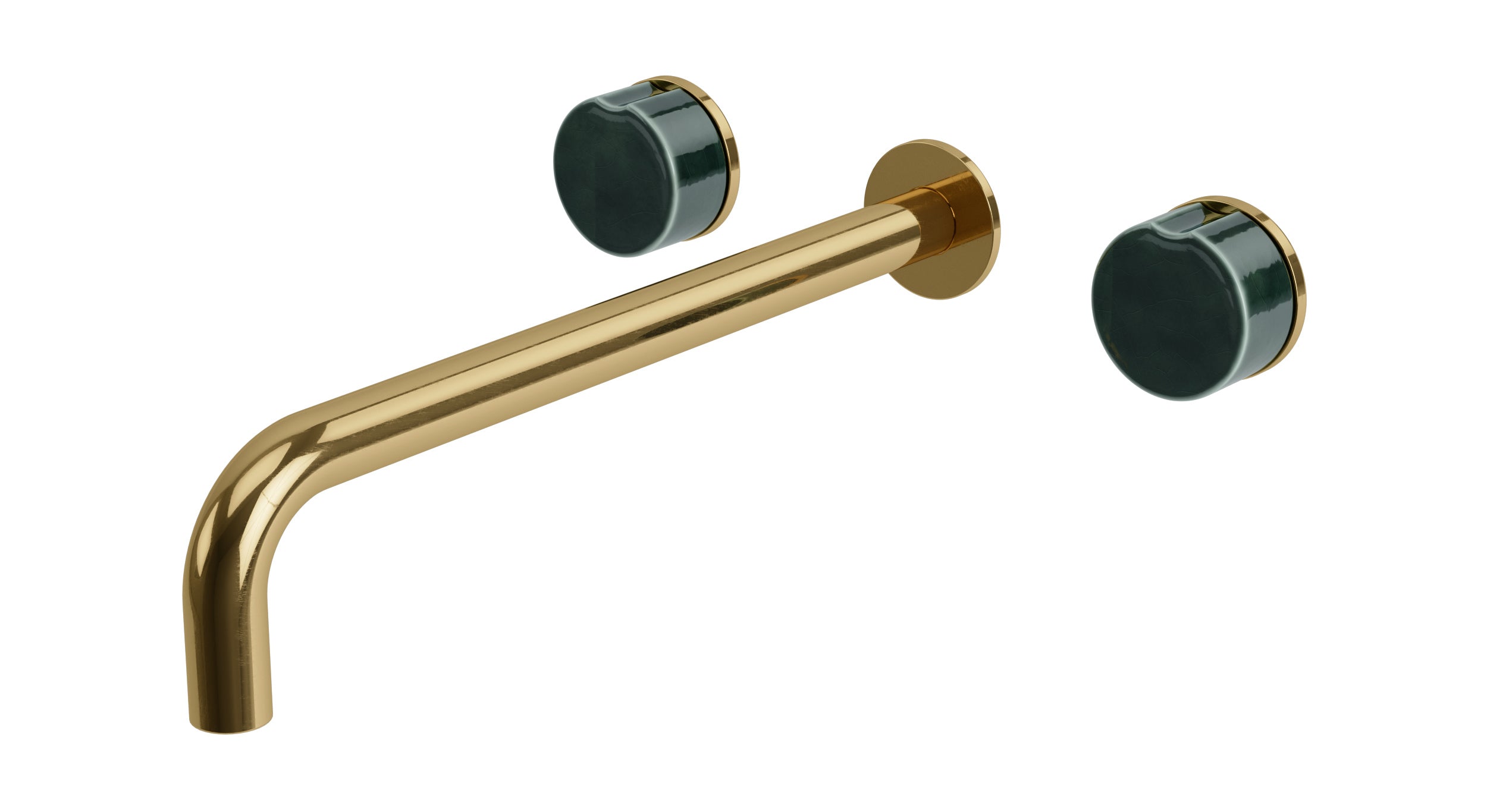 Foundry Two Handle Wall Mount 12" Lavatory Faucet with Groove Ceramic Knob Handles in Uncoated Polished Brass