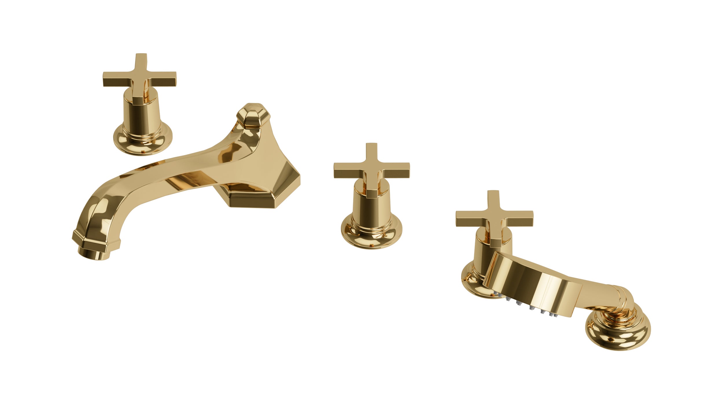 Emerson Three Handle Deck Mount Low Hexagon Bath Trim with Hand Shower and Classic Cross Handles in Polished Brass