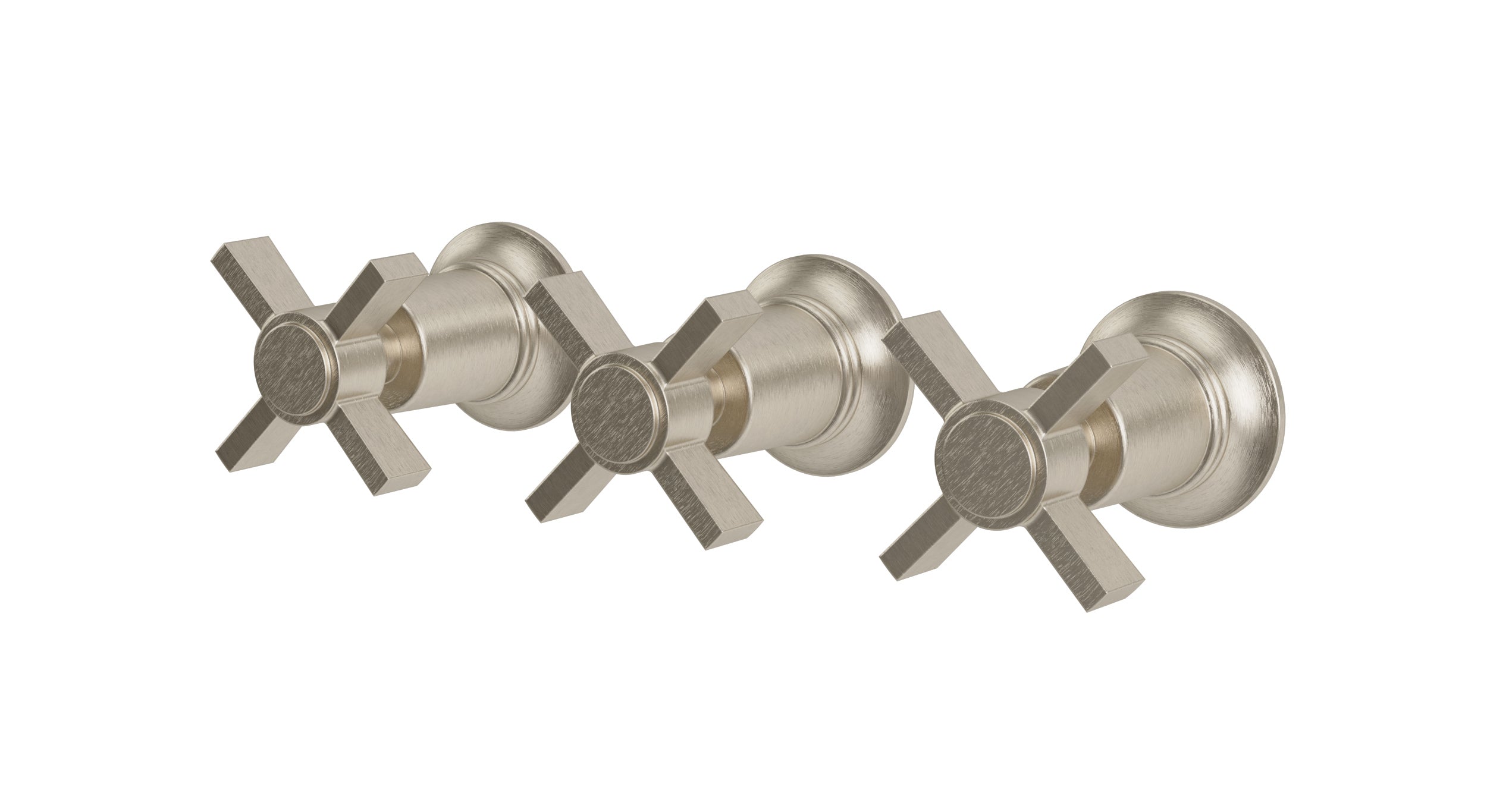Emerson Three Handle Wall Mount Bath Trim with Diverter/Volume Control and Defined Cross Handles in Satin Nickel