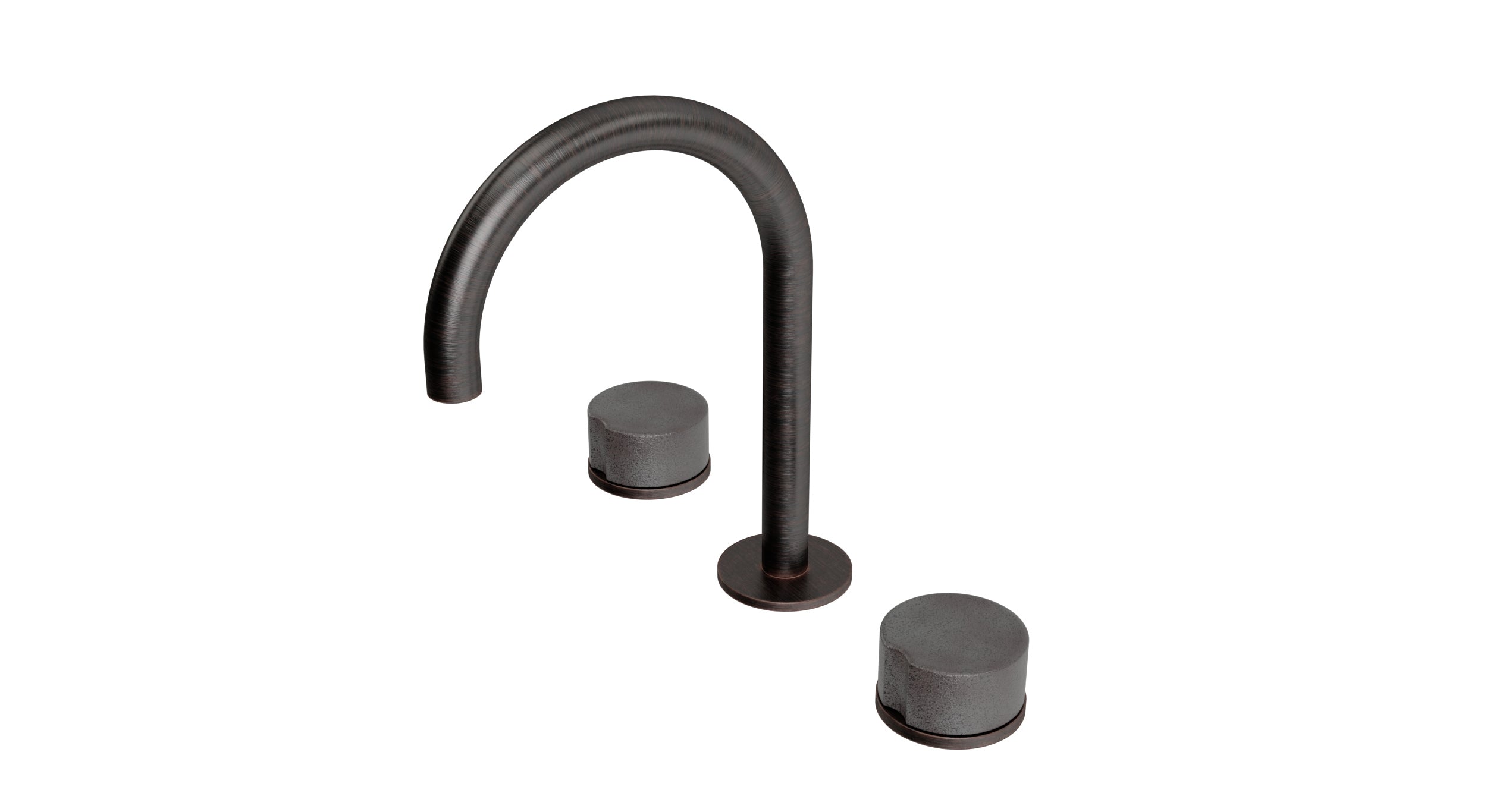 Foundry Two Handle Deck Mount Gooseneck Lavatory Faucet with Groove Ceramic Knob Handles in Antique Bronze